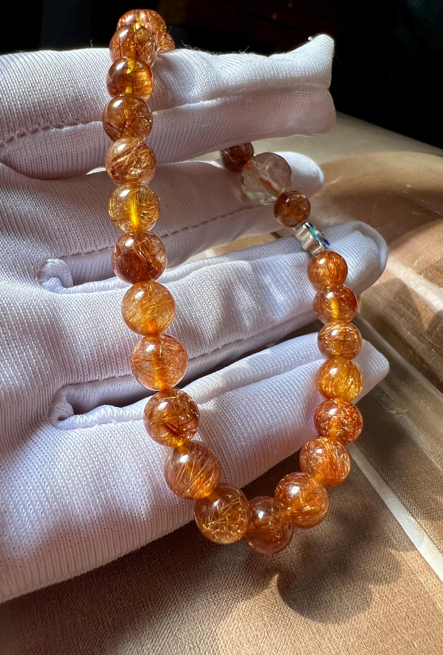 6.5mm+ Certified natural copper rutilated quartz Bracelet/red copper hair bracelet 天然 铜发晶手串 红铜发 #9594 搭配刻面黄水晶