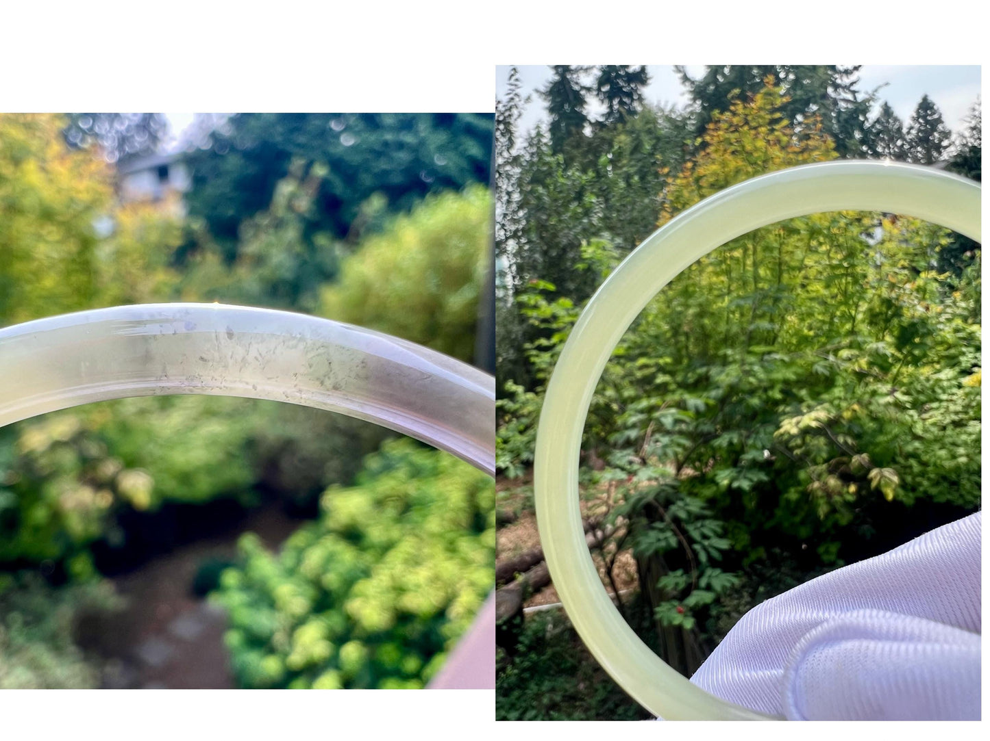 59.2mm Certified natural jade/ icy light green with purple nephrite thin Bangle 天然软玉 晴水带紫 细圆条手镯 美人条 冰润起莹光 #0747 叮当镯