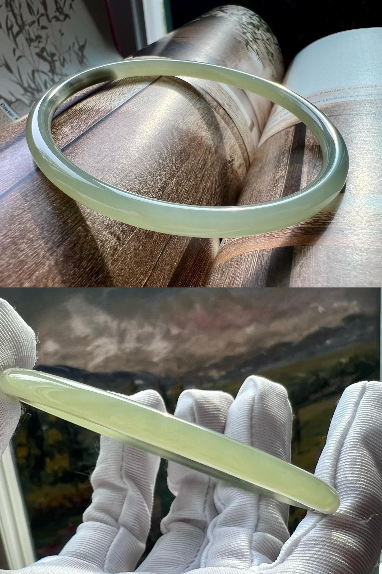 59.2mm Certified natural jade/ icy light green with purple nephrite thin Bangle 天然软玉 晴水带紫 细圆条手镯 美人条 冰润起莹光 #0747 叮当镯