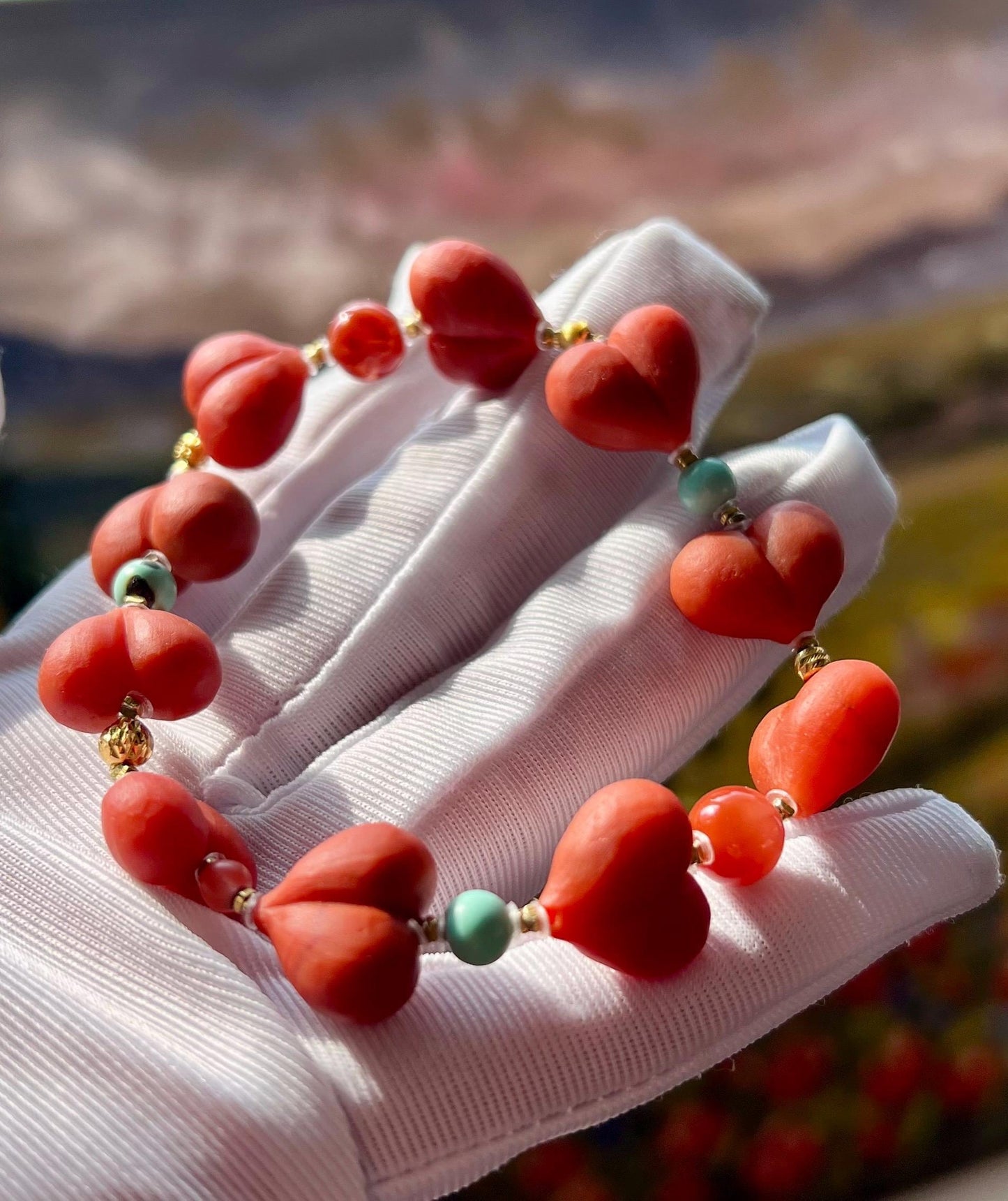 Nanhong Agate Heart Peach Bracelet: Southern Red Gemstone, Sterling Silver #1805