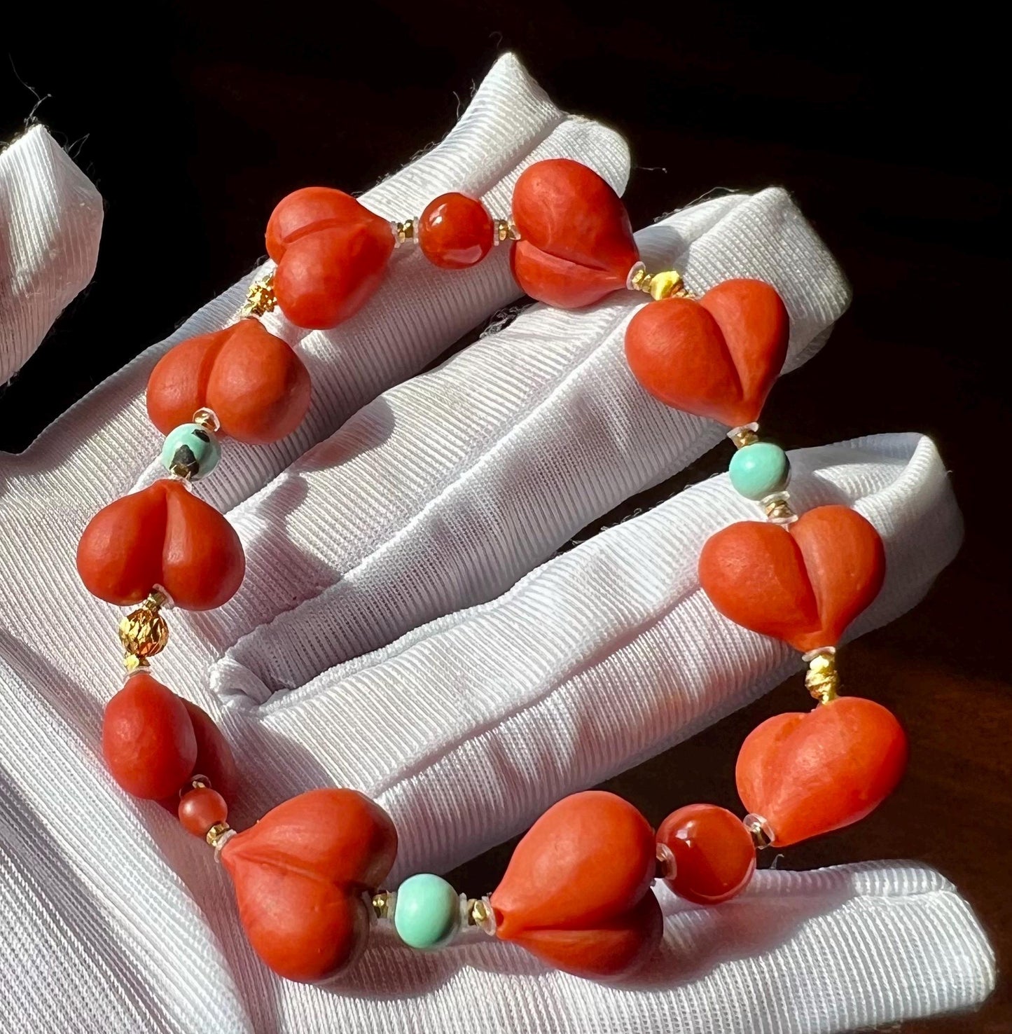 Nanhong Agate Heart Peach Bracelet: Southern Red Gemstone, Sterling Silver #1805