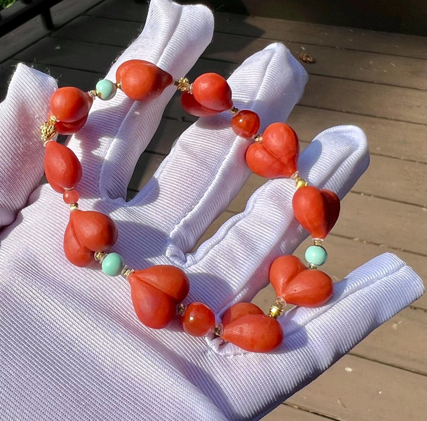 Nanhong Agate Heart Peach Bracelet: Southern Red Gemstone, Sterling Silver #1805