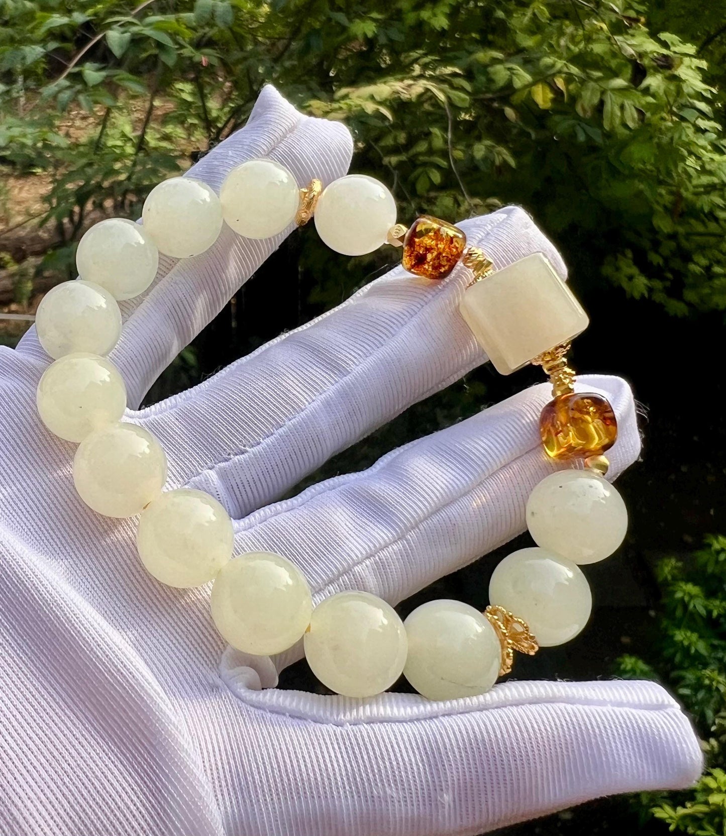 Certified natural jade/Light honey color nephrite Bracelet/天然软玉手串 浅蜜色/搭配肉粉色软玉方珠 #6339