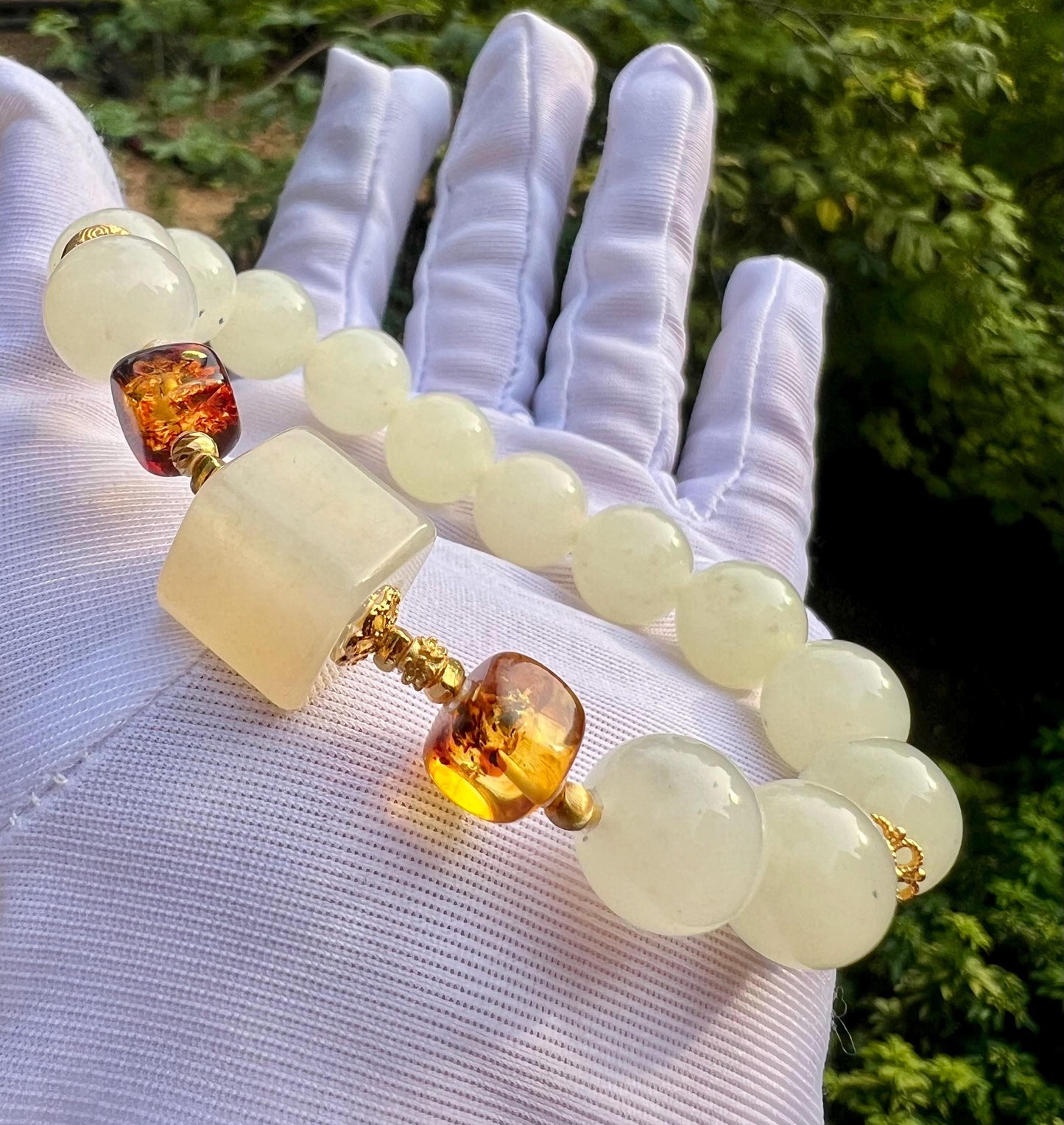 Certified natural jade/Light honey color nephrite Bracelet/天然软玉手串 浅蜜色/搭配肉粉色软玉方珠 #6339