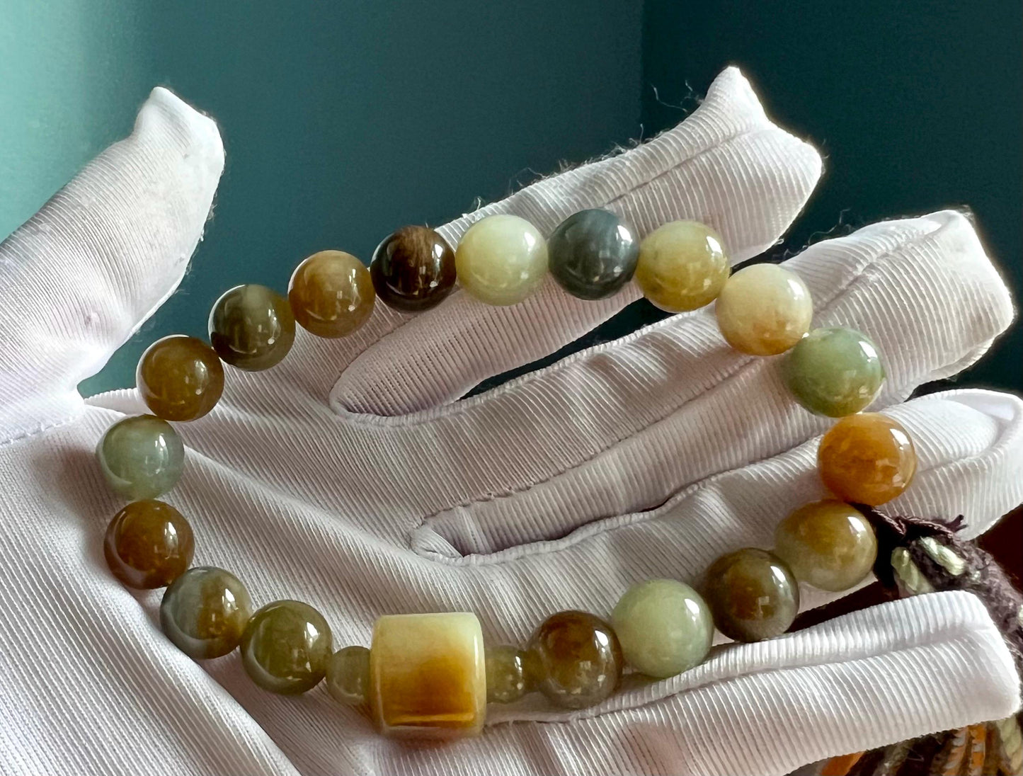 9.8mm Certified natural jade /Brown Qinghua blue multi color nephrite bracelet天然软玉 三色手串 糖玉青花蓝青玉 油熟细糯#7166 搭配糖白桶珠