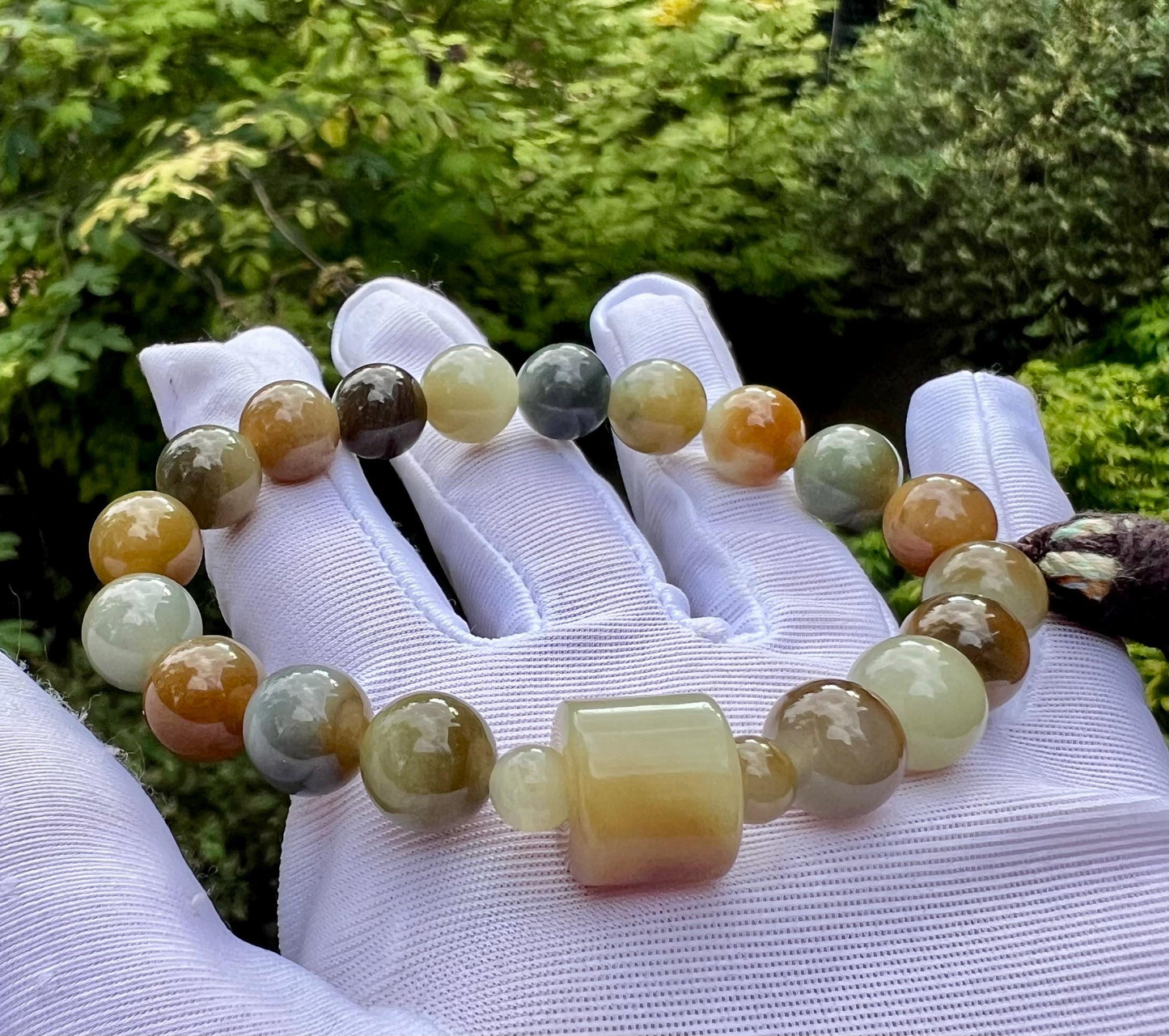 9.8mm Certified natural jade /Brown Qinghua blue multi color nephrite bracelet天然软玉 三色手串 糖玉青花蓝青玉 油熟细糯#7166 搭配糖白桶珠