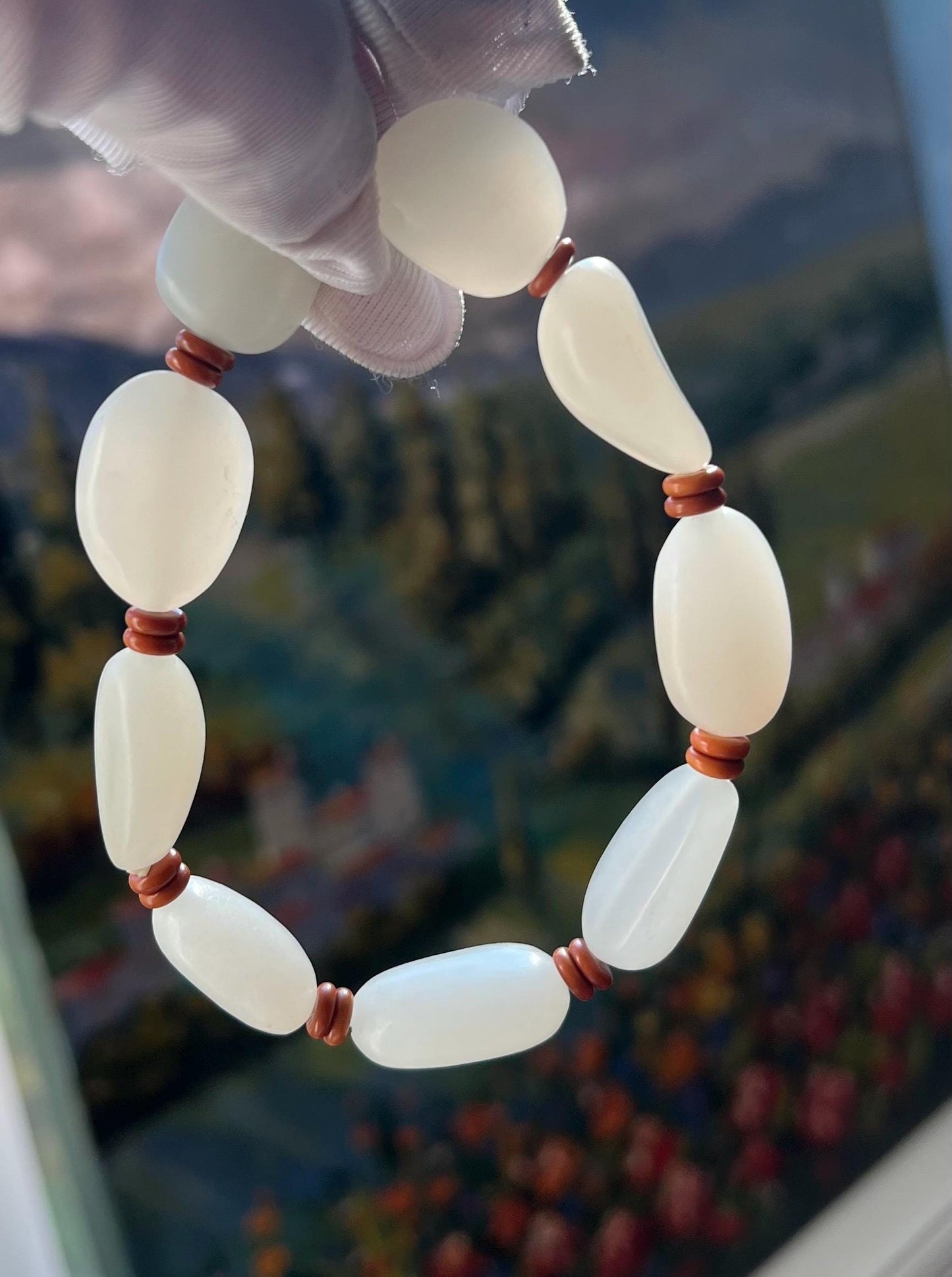 Certified natural jade white Nephrite bracelet/freeform beads 天然白玉 随形手串 #0395