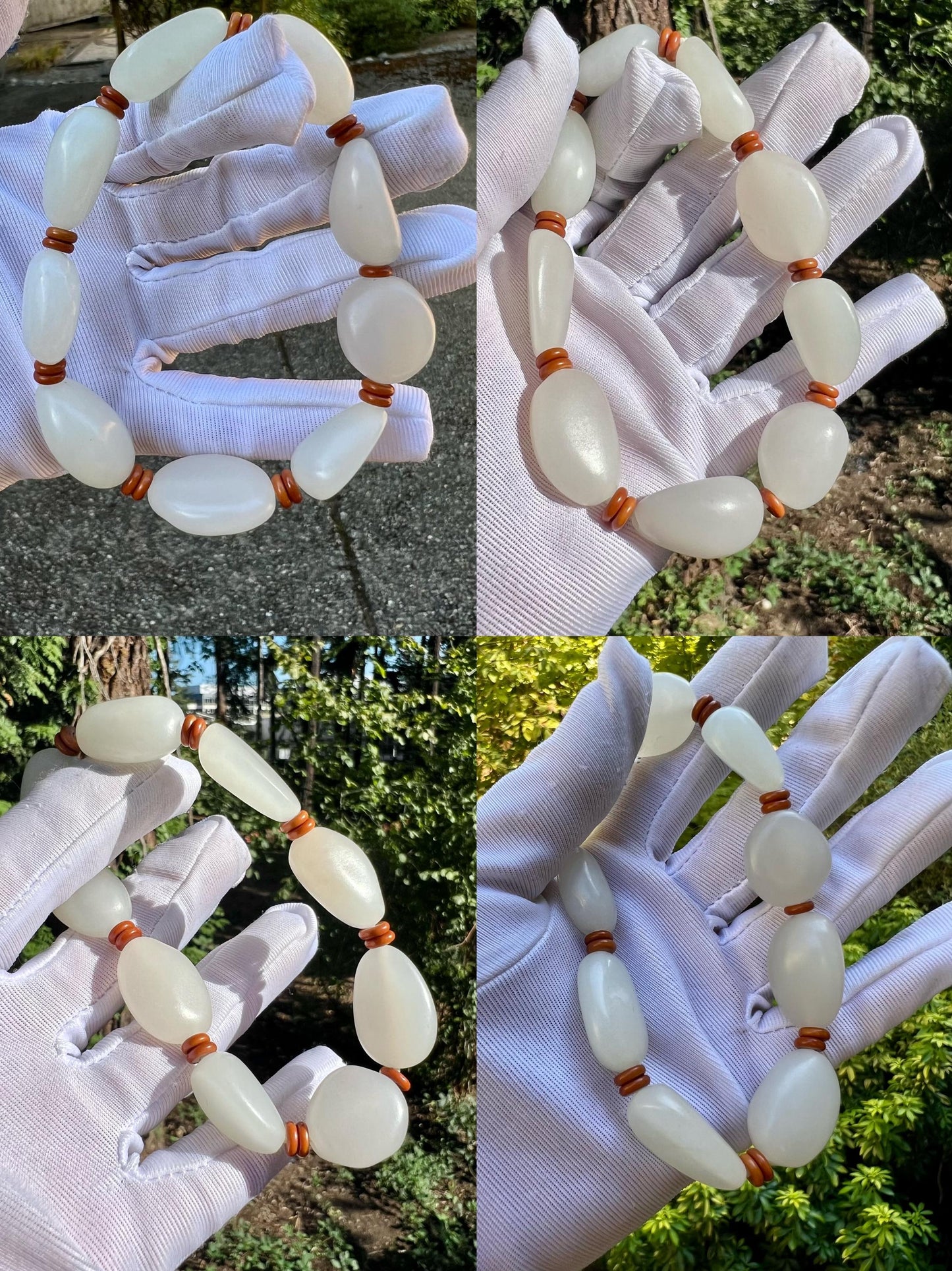 Certified natural jade white Nephrite bracelet/freeform beads 天然白玉 随形手串 #0395
