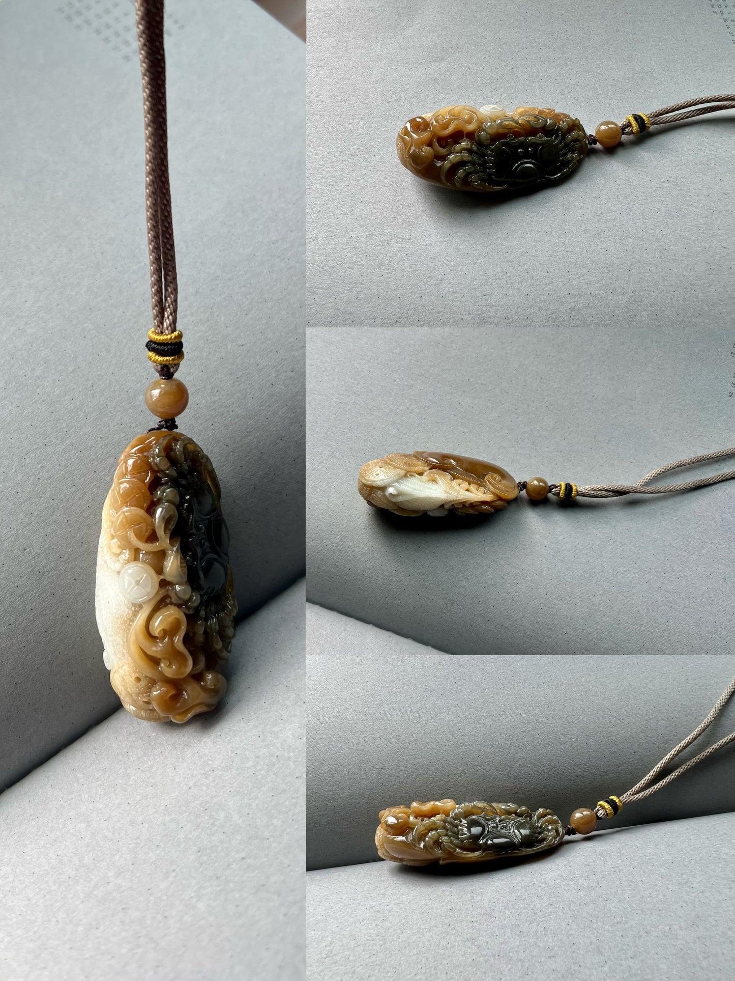Certified natural jade/tri-color nephrite carved Crab and Ruyi pendant/necklace天然精品 楼兰三色玉 青花 糖 白玉 吊坠#1955 八方来财 富甲天下