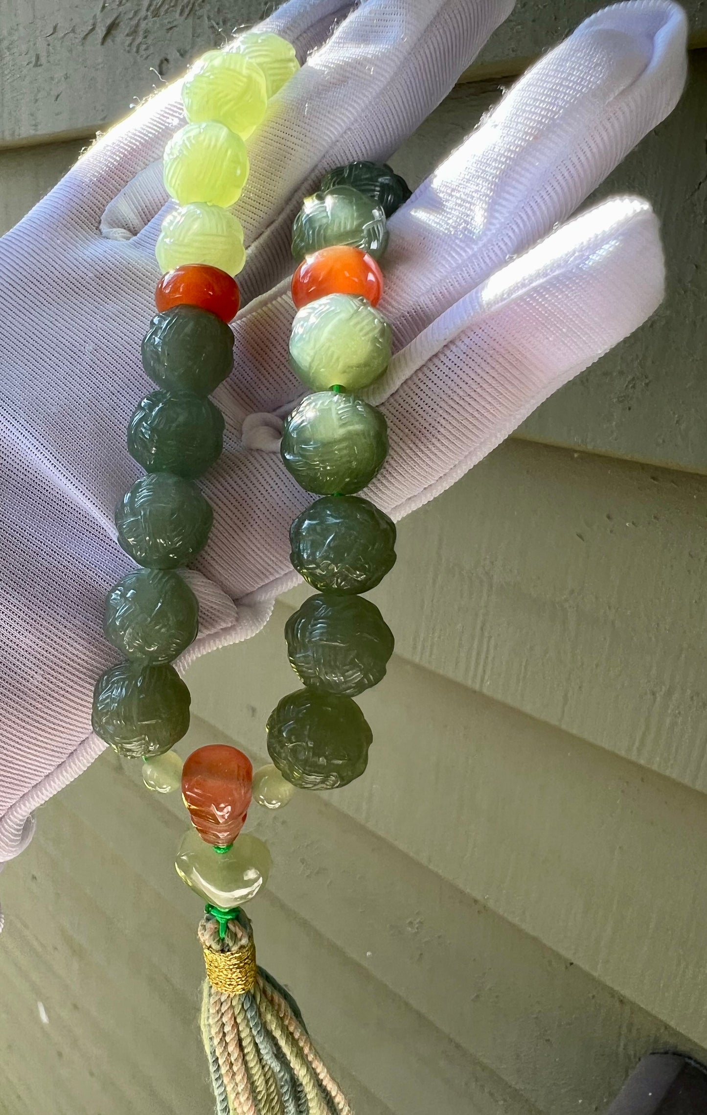 11mm+ Certified natural jade/Qinghai old mine nephrite Bracelet/ lake green nephrite carved Yarn ball beads/ 天然 青海老矿玉料 湖水绿毛线球18子手持 #0233
