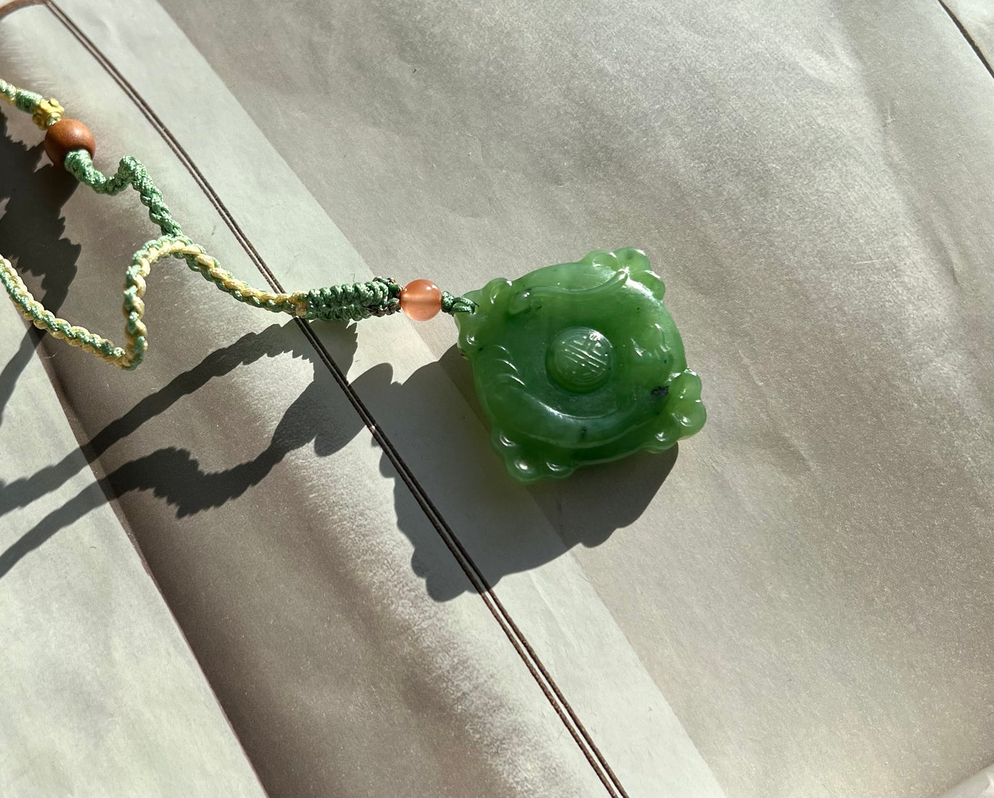 Certified natural nephrite green jade/apple  green nephrite square safety pendant necklace天然俄料碧玉 无事牌 吊坠 项链 果绿 油润  #0601 双面雕刻