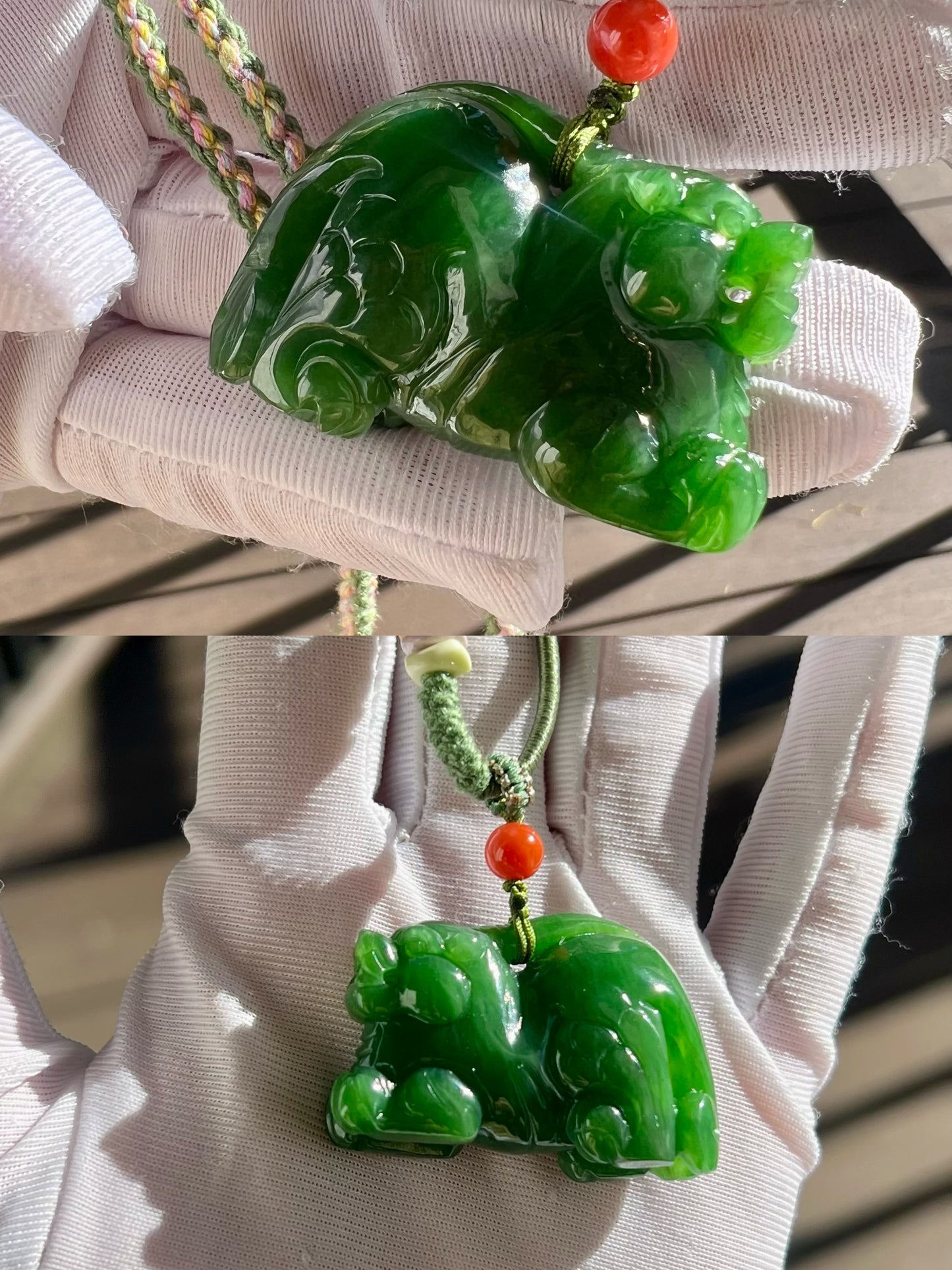 Certified natural jade Siberian green nephrite hand carved Pixiu pendant necklace/spicy green 天然俄料碧玉 手工雕刻站立貔貅 吊坠 项链#8663 辣阳绿