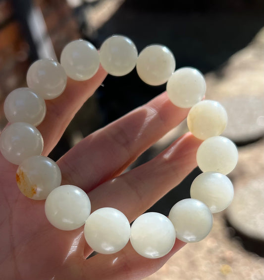 13.8mm Certified natural jade white Nephrite bracelet/warm white/river nephrite/ 天然软玉 子料白玉 圆珠手串 #3058 原皮毛孔
