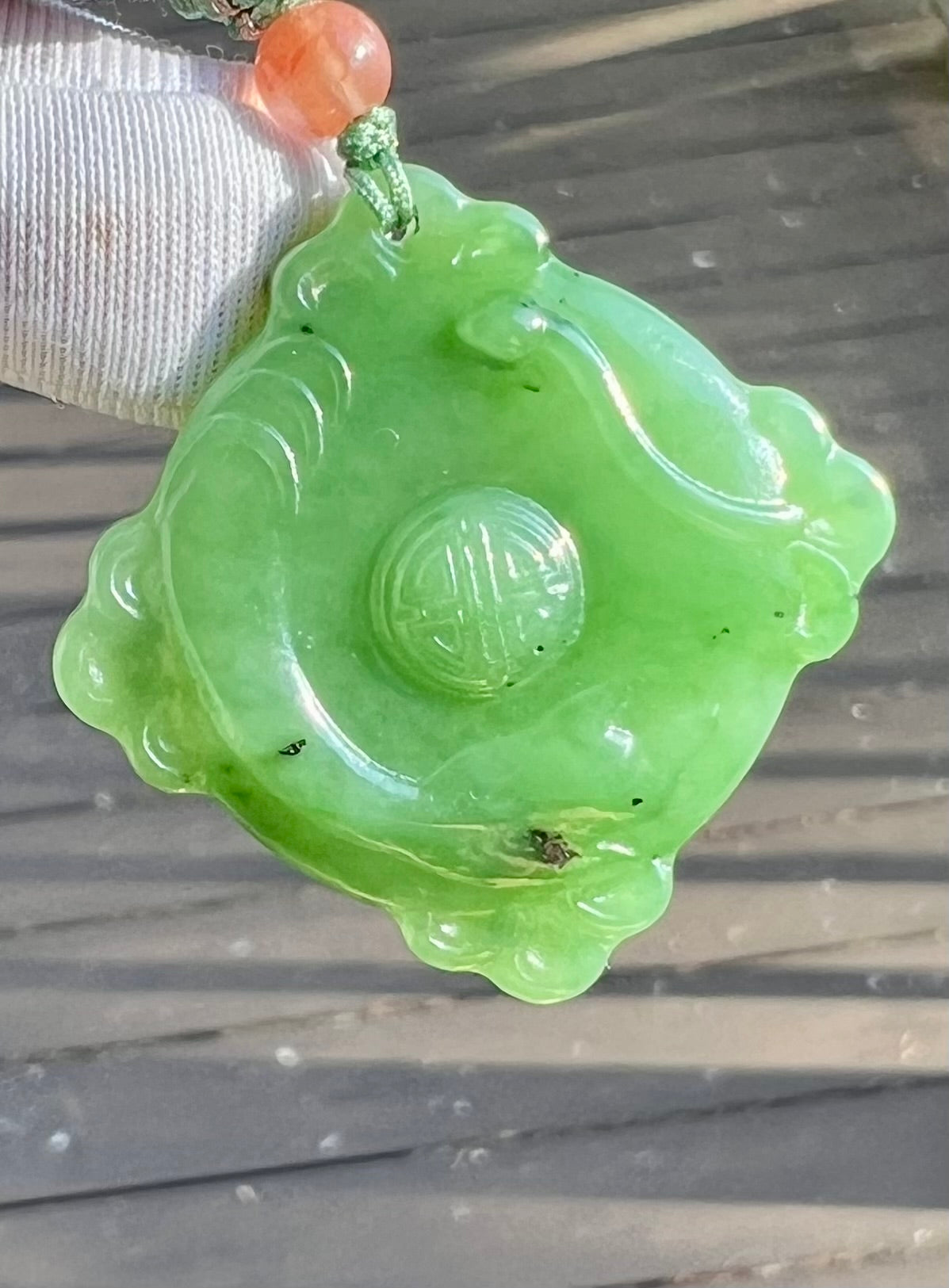 Certified natural nephrite green jade/apple  green nephrite square safety pendant necklace天然俄料碧玉 无事牌 吊坠 项链 果绿 油润  #0601 双面雕刻