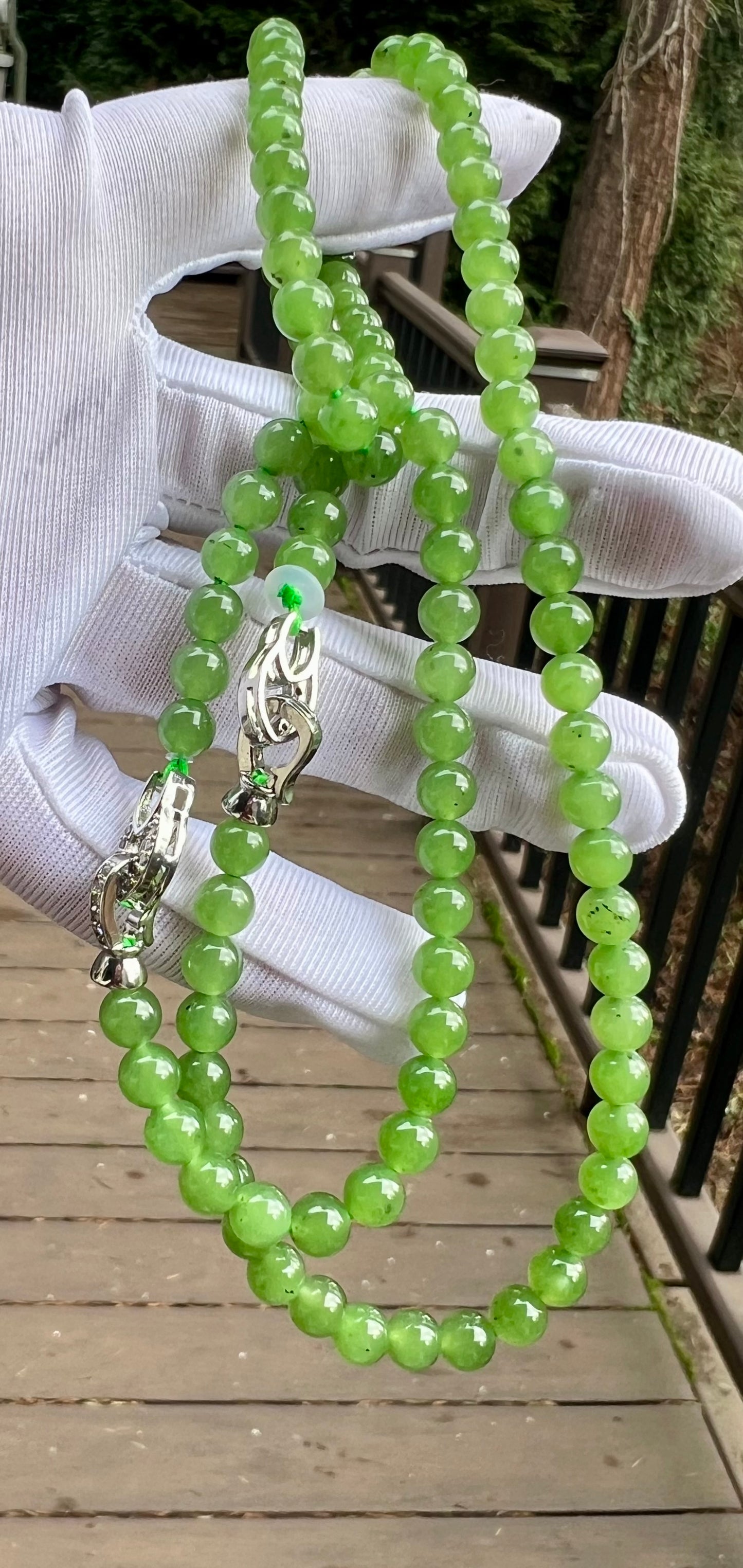 5.8mm Certified natural nephrite green jade/icy apple green nephrite necklace/bracelet/108 beads/multi purpose天然俄料碧玉项链 108万能链#0319 嫩苹果绿