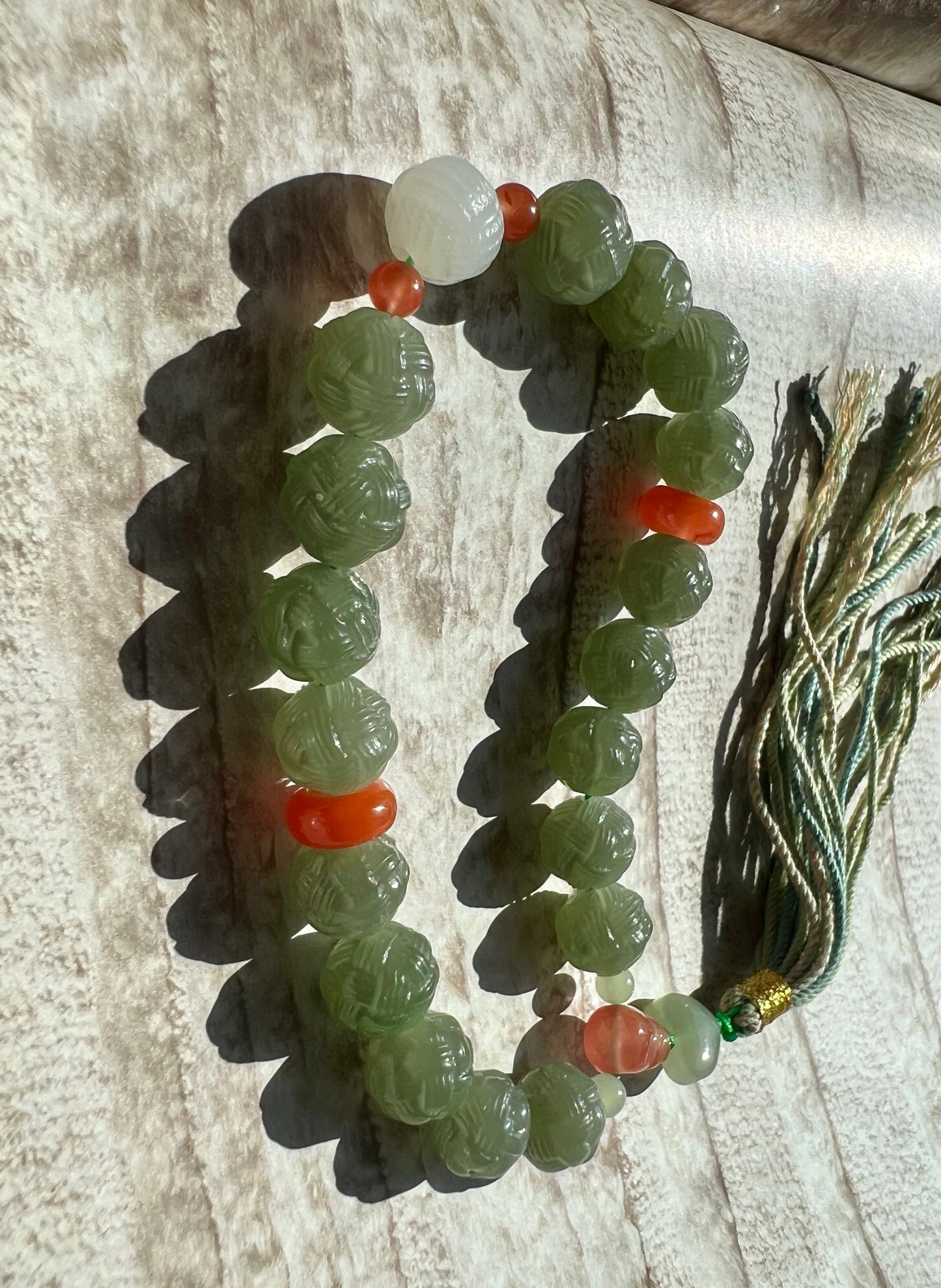 11mm+ Certified natural jade/Qinghai old mine nephrite Bracelet/ lake green nephrite carved Yarn ball beads/ 天然 青海老矿玉料 湖水绿毛线球18子手持 #0233
