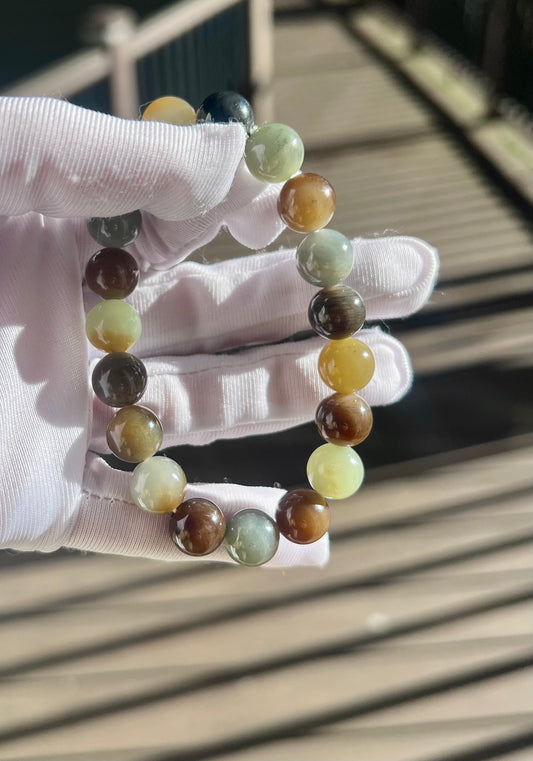 10mm Certified natural jade /Qinghua multi color nephrite bracelet天然三色手串 油熟细糯#7171