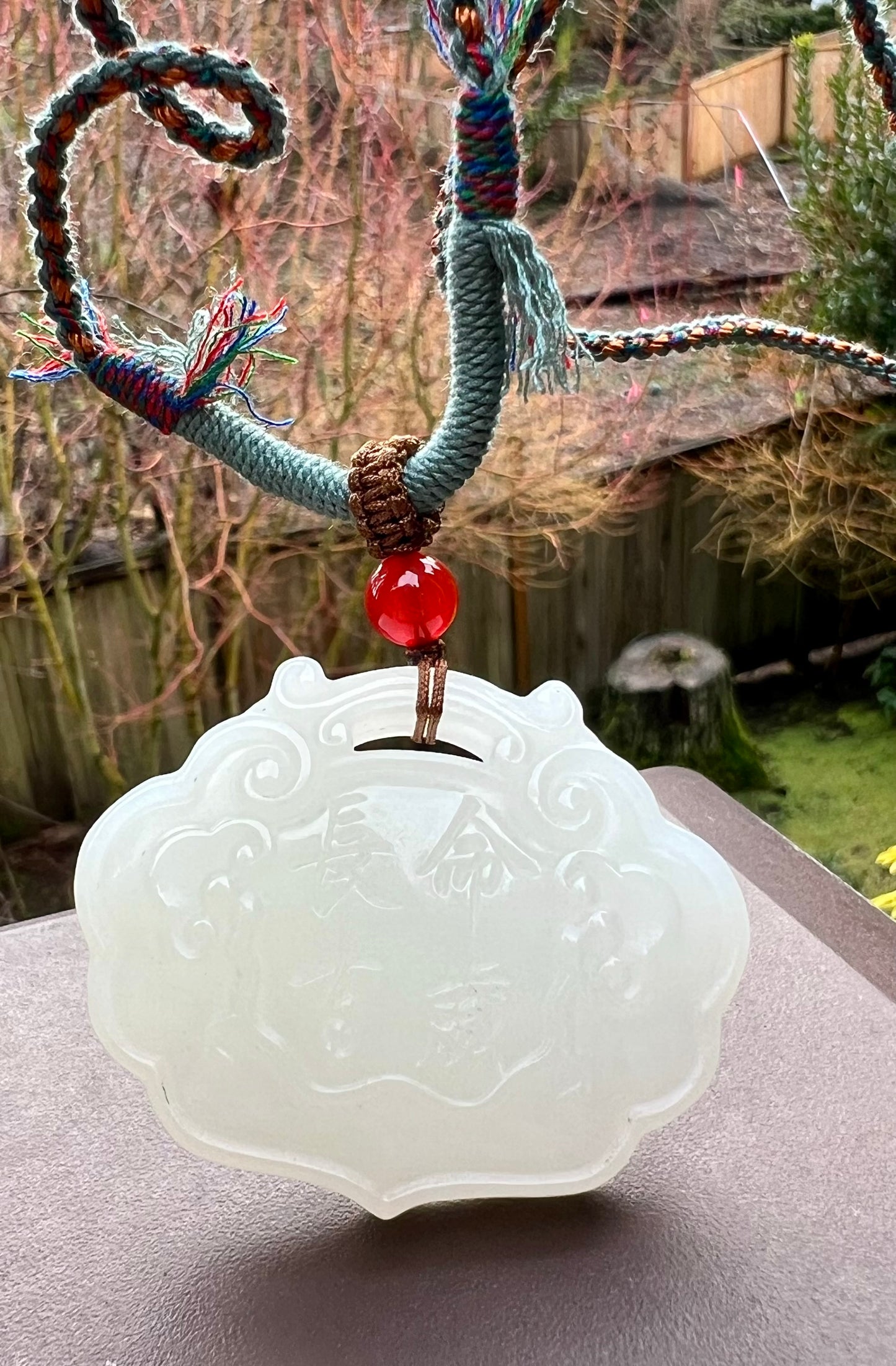 Certified natural jade Qinghai old mine white nephrite Carved Longevity lock/ Ruyi safety pendant necklace天然精品 青海老料白玉 长命锁#4625 大号平安如意锁