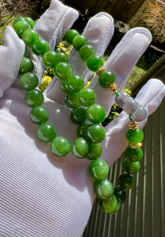 9.5mm Certified natural nephrite green jade  Siberian green nephrite necklace /Purple nephrite flower天然 俄料碧玉项链 #4271 葡萄紫玉立体花朵