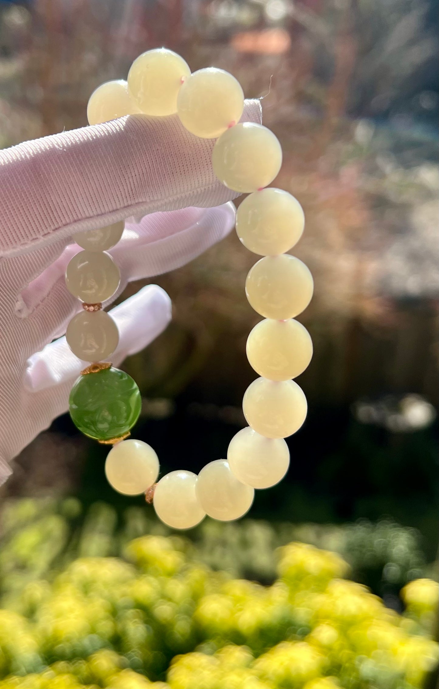 12mm Certified natural jade Qinghai old mine lotus root pink nephrite bracelet天然精品 青海老矿藕粉手串 冰糯果冻料 胶感足起莹光 #3082 老熟肉粉色 搭配碧玉雕刻珠