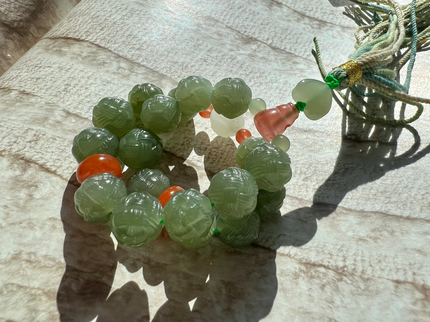 11mm+ Certified natural jade/Qinghai old mine nephrite Bracelet/ lake green nephrite carved Yarn ball beads/ 天然 青海老矿玉料 湖水绿毛线球18子手持 #0233