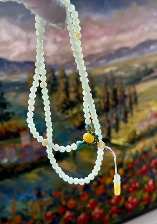 4.8mm Certified natural jade/white nephrite beads necklace/river nephrite天然精品 玉龙河料白玉 项链 万能链 #3046带天然原皮 油润细糯