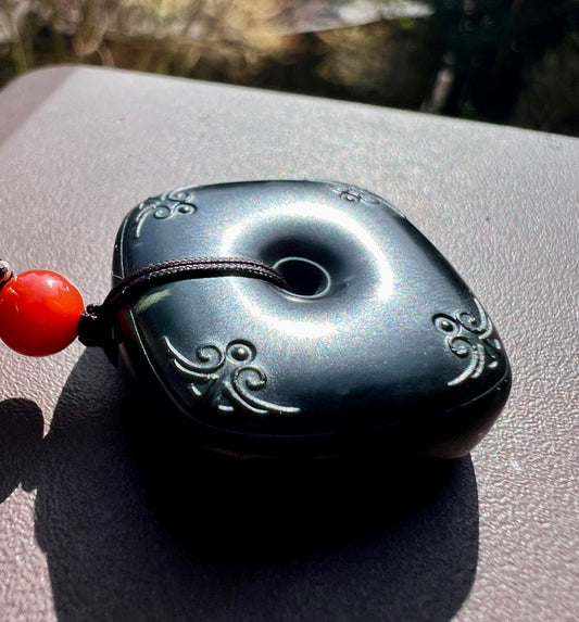 Certified natural jade/Qinghai dark nephrite pendant/square safety pendant  necklace天然 青海黑青玉 方平安扣 玉琮#5265 小灶火黑青玉 无敌黑