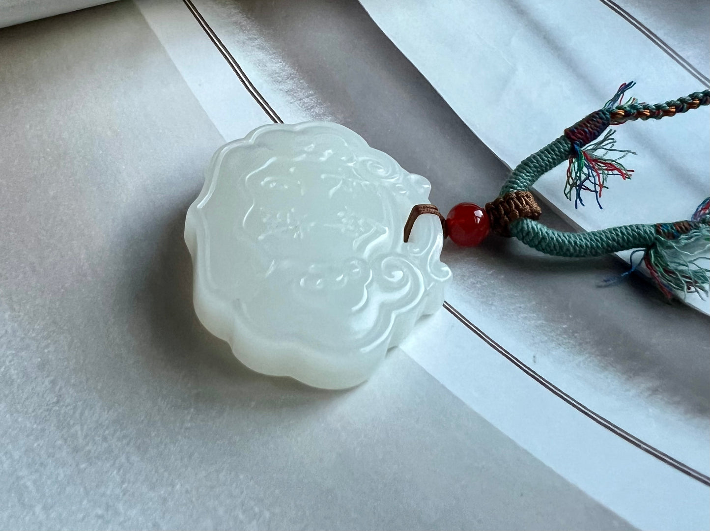 Certified natural jade Qinghai old mine white nephrite Carved Longevity lock/ Ruyi safety pendant necklace天然精品 青海老料白玉 长命锁#4625 大号平安如意锁