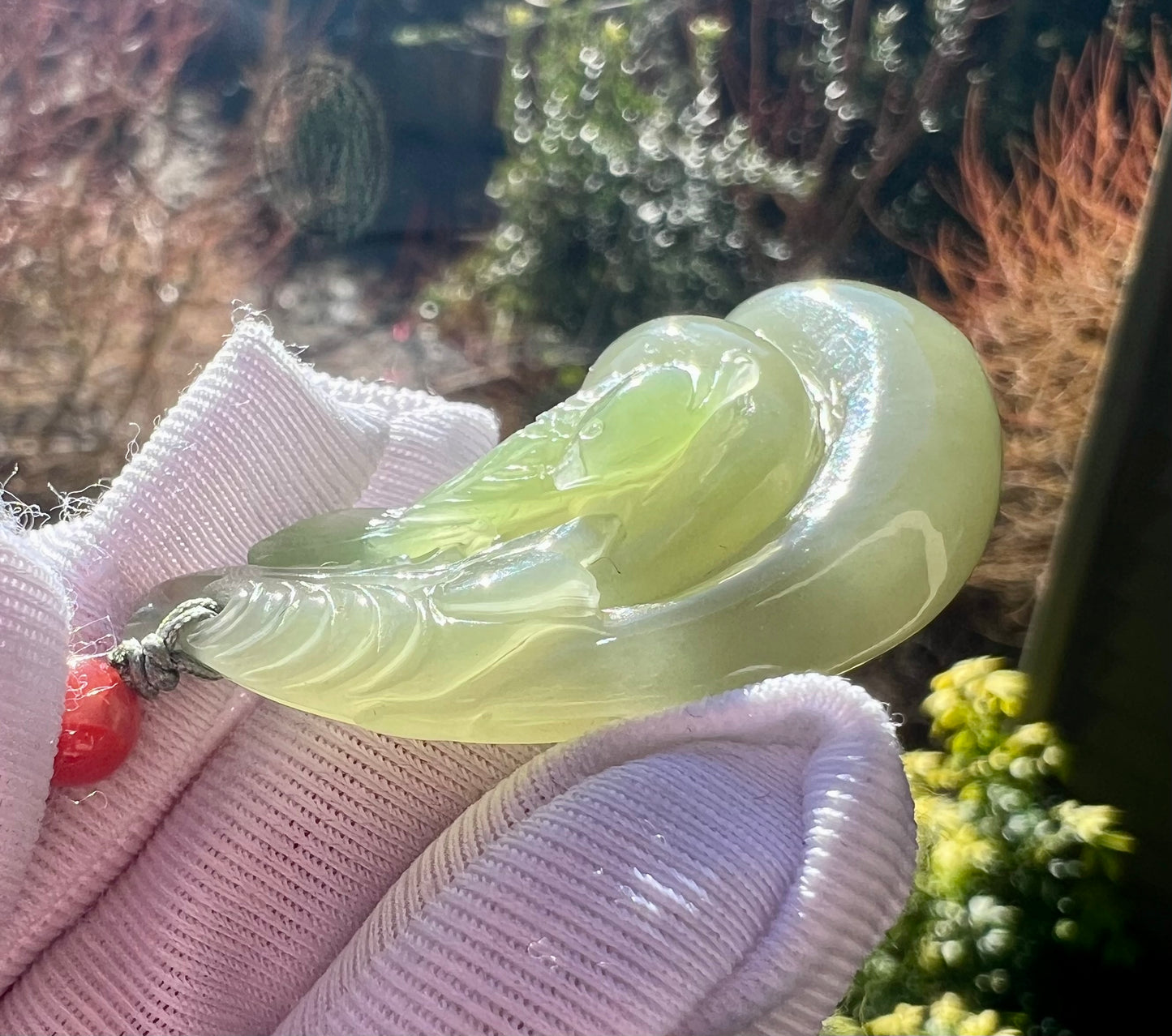 Certified natural jade Qinghai qingshui Nephrite with emerald green pendant/carved eggplant and magpie/ necklace天然青海晴水俏翠青 吊坠#6051 双喜临门 福寿绵延