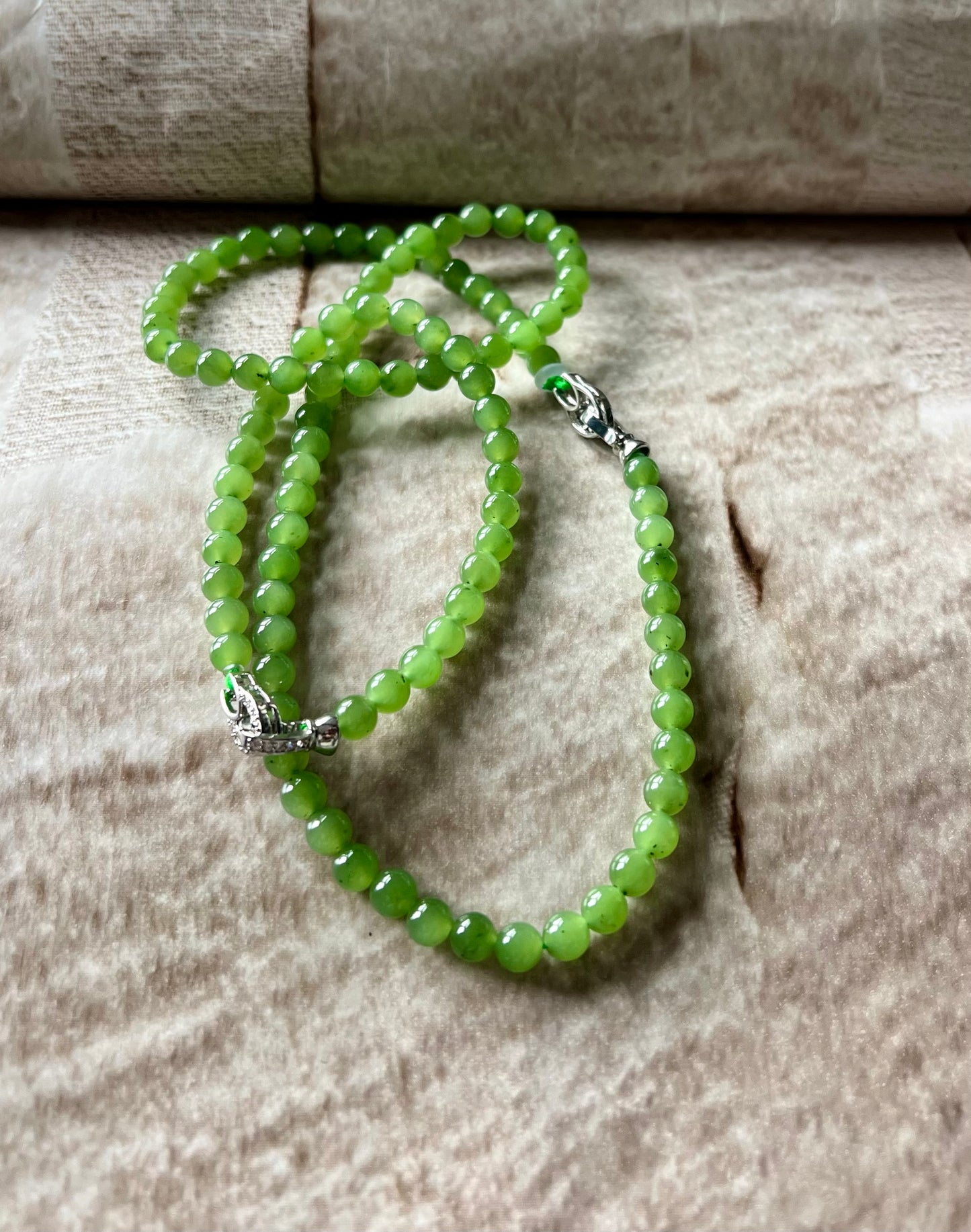 5.8mm Certified natural nephrite green jade/icy apple green nephrite necklace/bracelet/108 beads/multi purpose天然俄料碧玉项链 108万能链#0319 嫩苹果绿