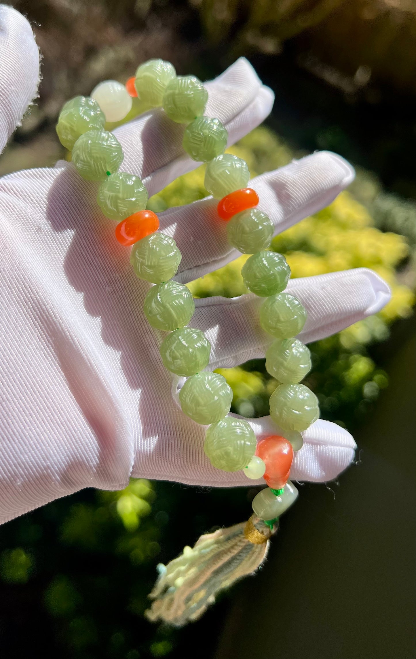 11mm+ Certified natural jade/Qinghai old mine nephrite Bracelet/ lake green nephrite carved Yarn ball beads/ 天然 青海老矿玉料 湖水绿毛线球18子手持 #0233