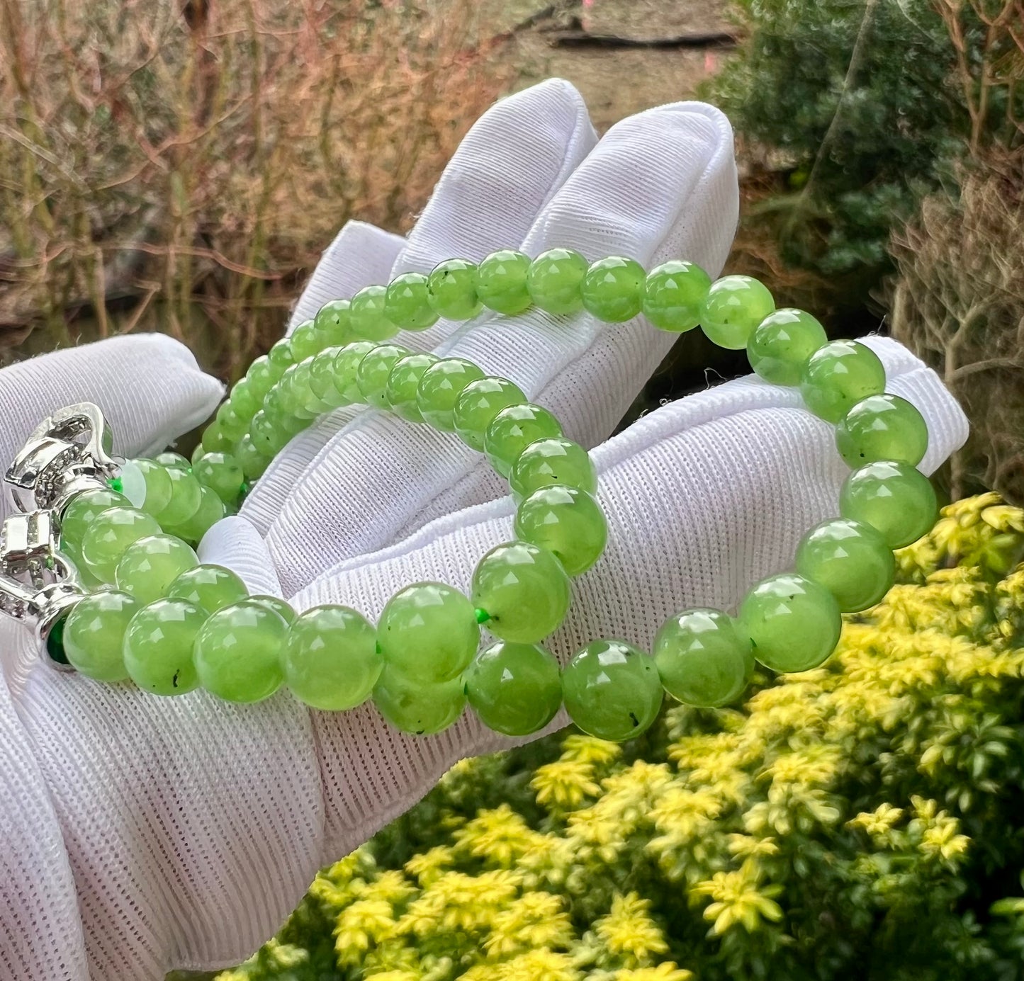 5.8mm Certified natural nephrite green jade/icy apple green nephrite necklace/bracelet/108 beads/multi purpose天然俄料碧玉项链 108万能链#0319 嫩苹果绿