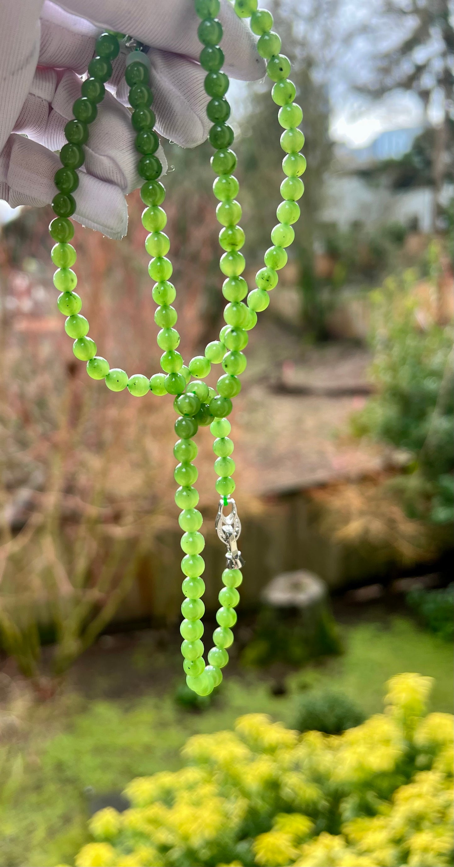 5.8mm Certified natural nephrite green jade/icy apple green nephrite necklace/bracelet/108 beads/multi purpose天然俄料碧玉项链 108万能链#0319 嫩苹果绿