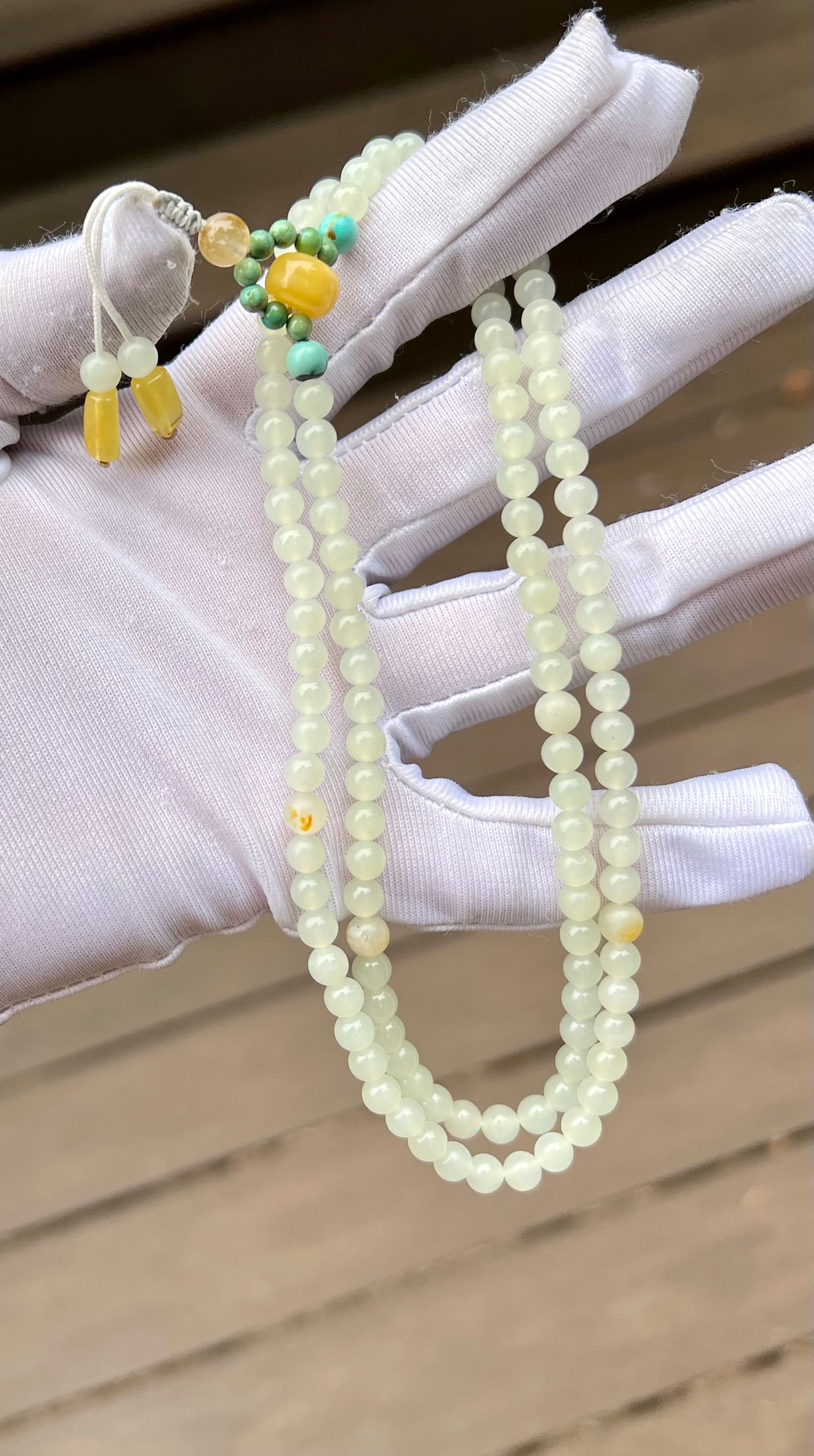 4.8mm Certified natural jade/white nephrite beads necklace/river nephrite天然精品 玉龙河料白玉 项链 万能链 #3046带天然原皮 油润细糯