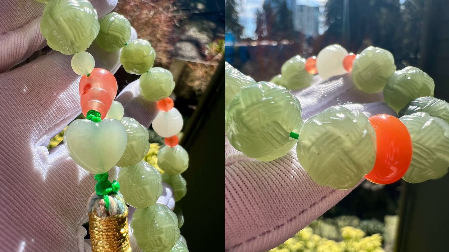 11mm+ Certified natural jade/Qinghai old mine nephrite Bracelet/ lake green nephrite carved Yarn ball beads/ 天然 青海老矿玉料 湖水绿毛线球18子手持 #0233