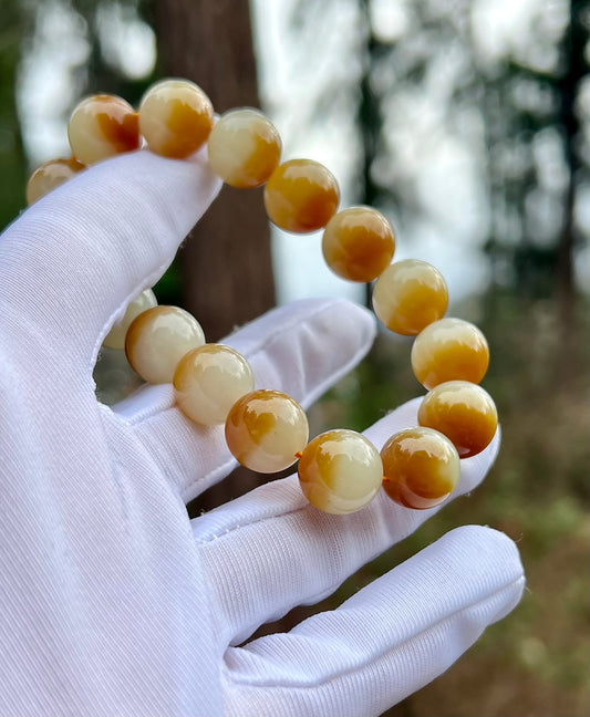 12mm Certified natural jade/golden brown white nephrite bracelet/ cornucopia pattern天然精品 且末糖白玉  黄金糖 #7237 半糖半白 聚宝盆