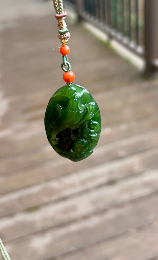 Certified natural nephrite green jade/ green nephrite carved Phoenix and Ruyi pendant  necklace 天然碧玉 雕刻凤凰来仪吊坠 手工绳项链  #3970