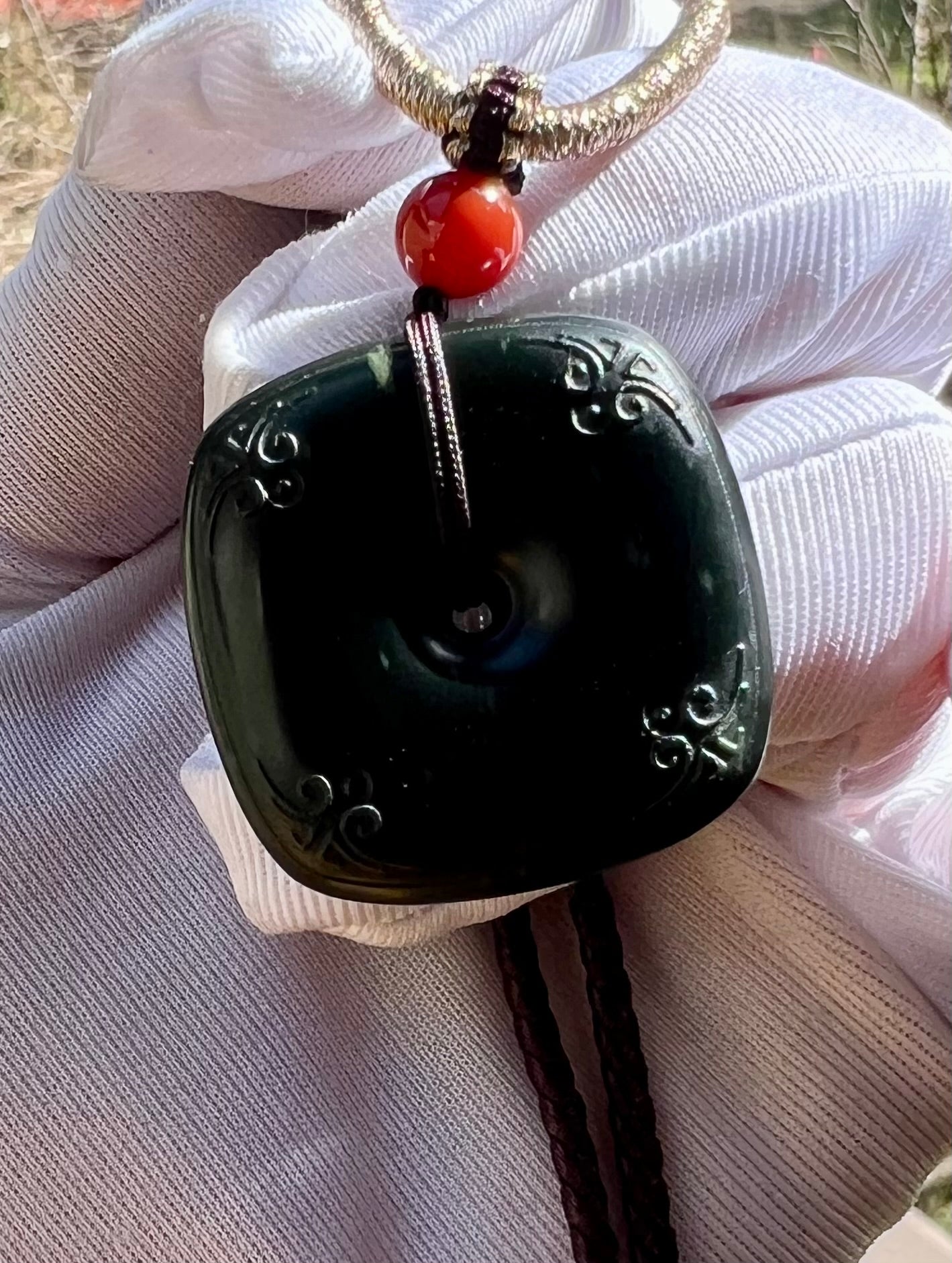 Certified natural jade/Qinghai dark nephrite pendant/square safety pendant  necklace天然 青海黑青玉 方平安扣 玉琮#5265 小灶火黑青玉 无敌黑