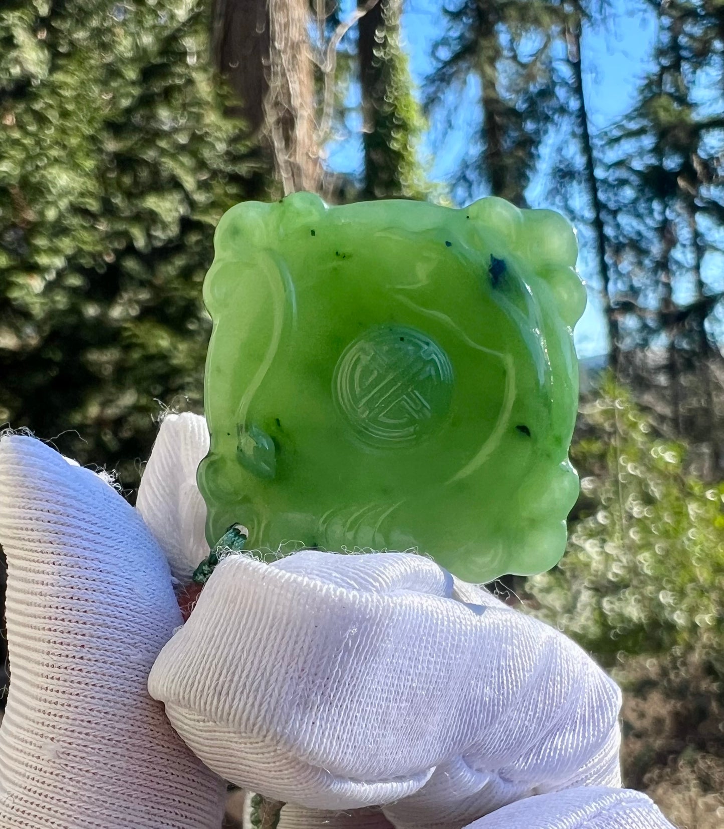 Certified natural nephrite green jade/apple  green nephrite square safety pendant necklace天然俄料碧玉 无事牌 吊坠 项链 果绿 油润  #0601 双面雕刻