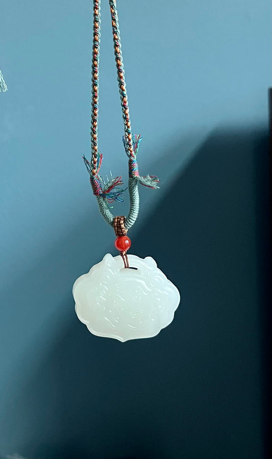 Certified natural jade Qinghai old mine white nephrite Carved Longevity lock/ Ruyi safety pendant necklace天然精品 青海老料白玉 长命锁#4625 大号平安如意锁