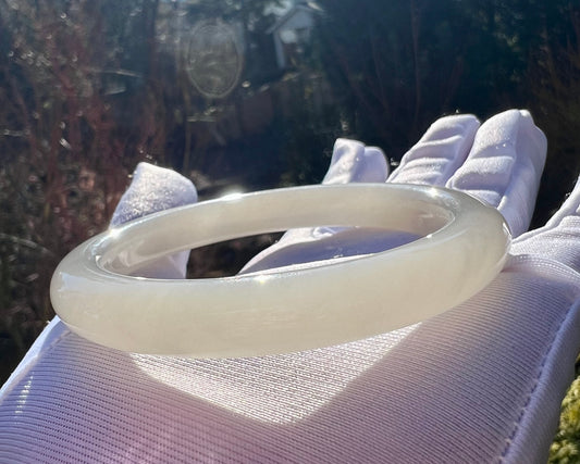 57.6mm Certified natural Qinghai icy nephrite bangle bracelet/icy lotus root color nephrite/天然精品青海老矿 正圈手镯 平安镯 冰仙藕色 冰胶底 起莹光 #5386 刚性十足