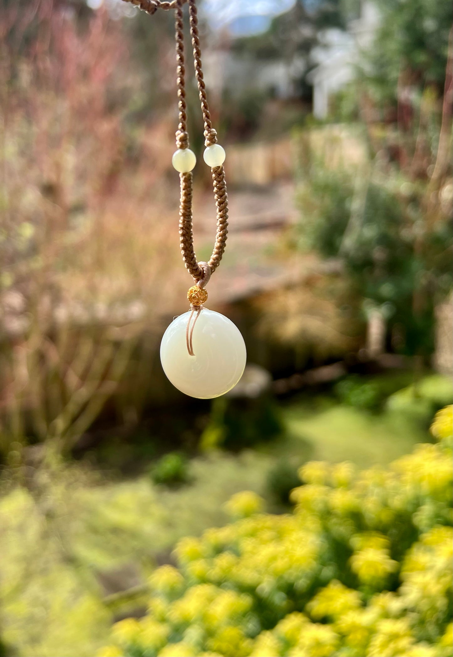 Certified natural jade/Siberian White Nephrite donut with a bite of brown color pendant/circle safety pendant  天然鹅糖白玉 平安扣 吊坠  项链 #6818 一口糖白