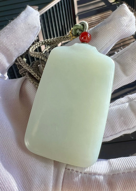 Certified natural jade Siberian white nephrite rectangle pendant/bluish white nephrite safety pendant necklace天然精品 俄料白玉 青白玉无事牌 吊坠 #8963