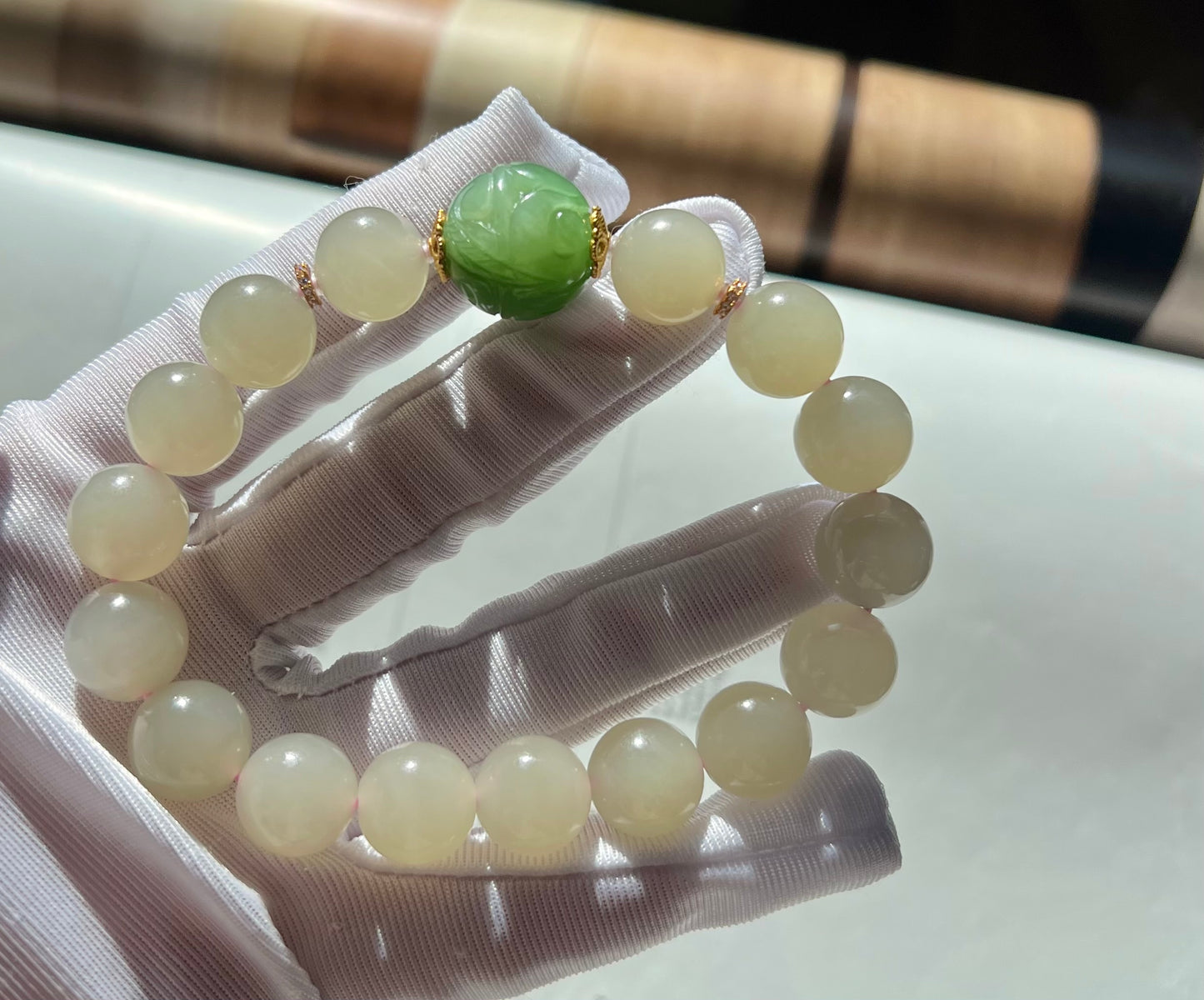 12mm Certified natural jade Qinghai old mine lotus root pink nephrite bracelet天然精品 青海老矿藕粉手串 冰糯果冻料 胶感足起莹光 #3082 老熟肉粉色 搭配碧玉雕刻珠