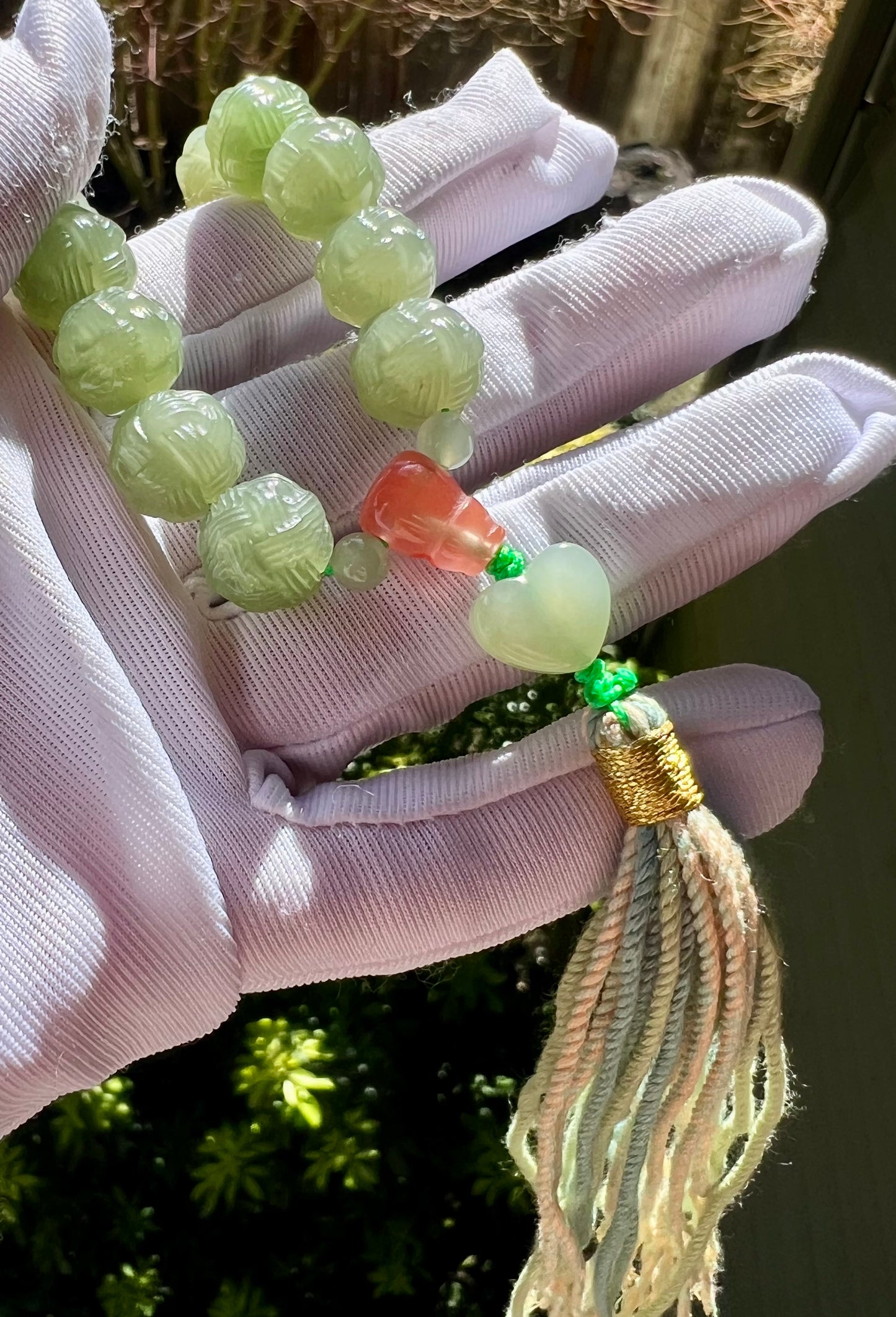 11mm+ Certified natural jade/Qinghai old mine nephrite Bracelet/ lake green nephrite carved Yarn ball beads/ 天然 青海老矿玉料 湖水绿毛线球18子手持 #0233
