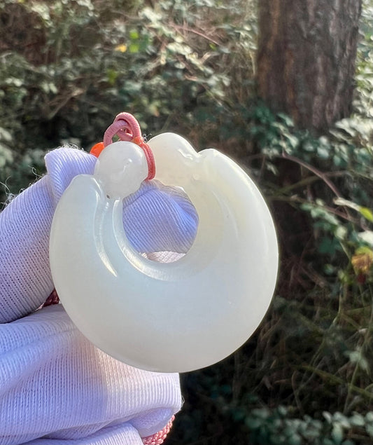 Certified natural jade Siberian white nephrite  circle pendant/Enlightenment safety pendant  天然精品 俄料白玉平安扣 平安环吊坠 #7396 苏工雕刻 悟道/一念之间 脂白