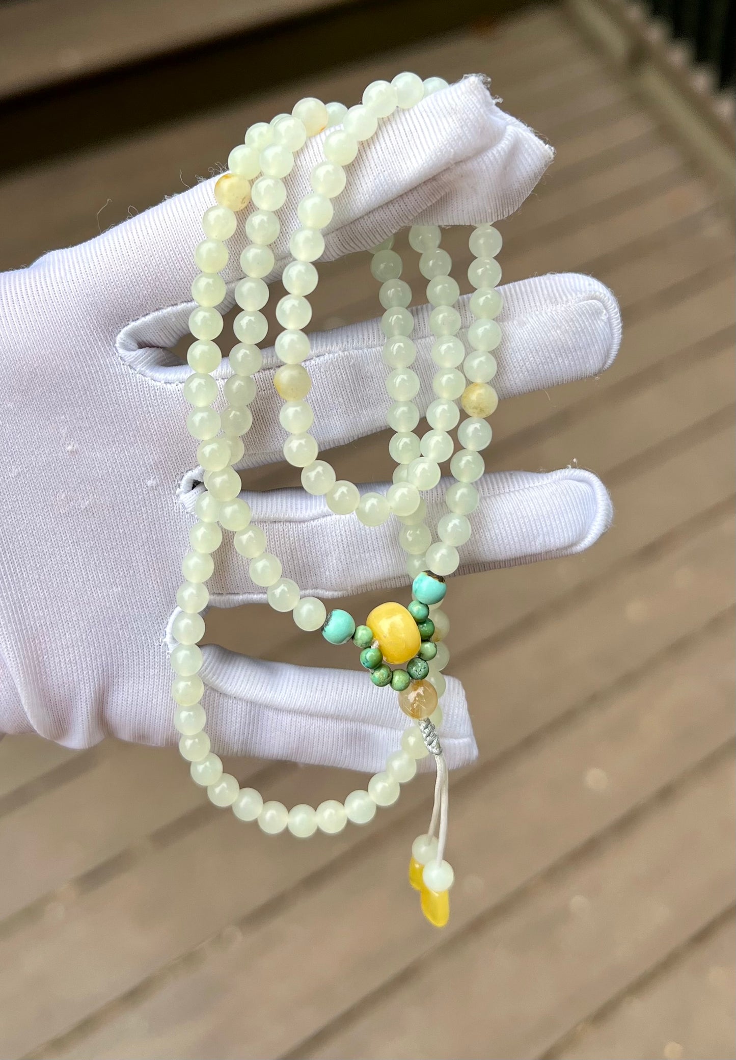 4.8mm Certified natural jade/white nephrite beads necklace/river nephrite天然精品 玉龙河料白玉 项链 万能链 #3046带天然原皮 油润细糯