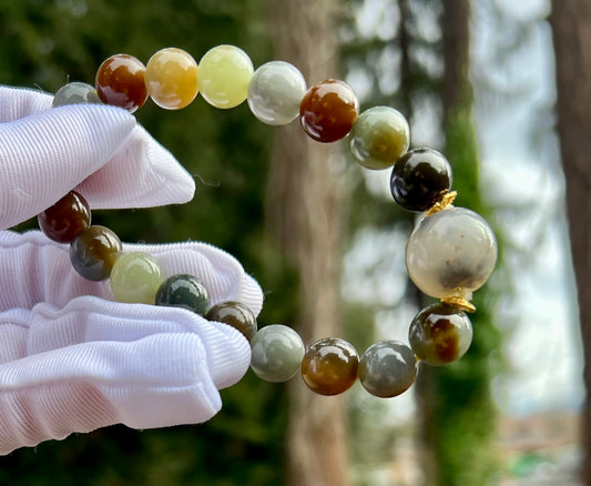 10mm Certified natural jade /Qinghua multi color nephrite bracelet天然精品 三色手串 油熟细糯#2934 搭配三色青花单珠