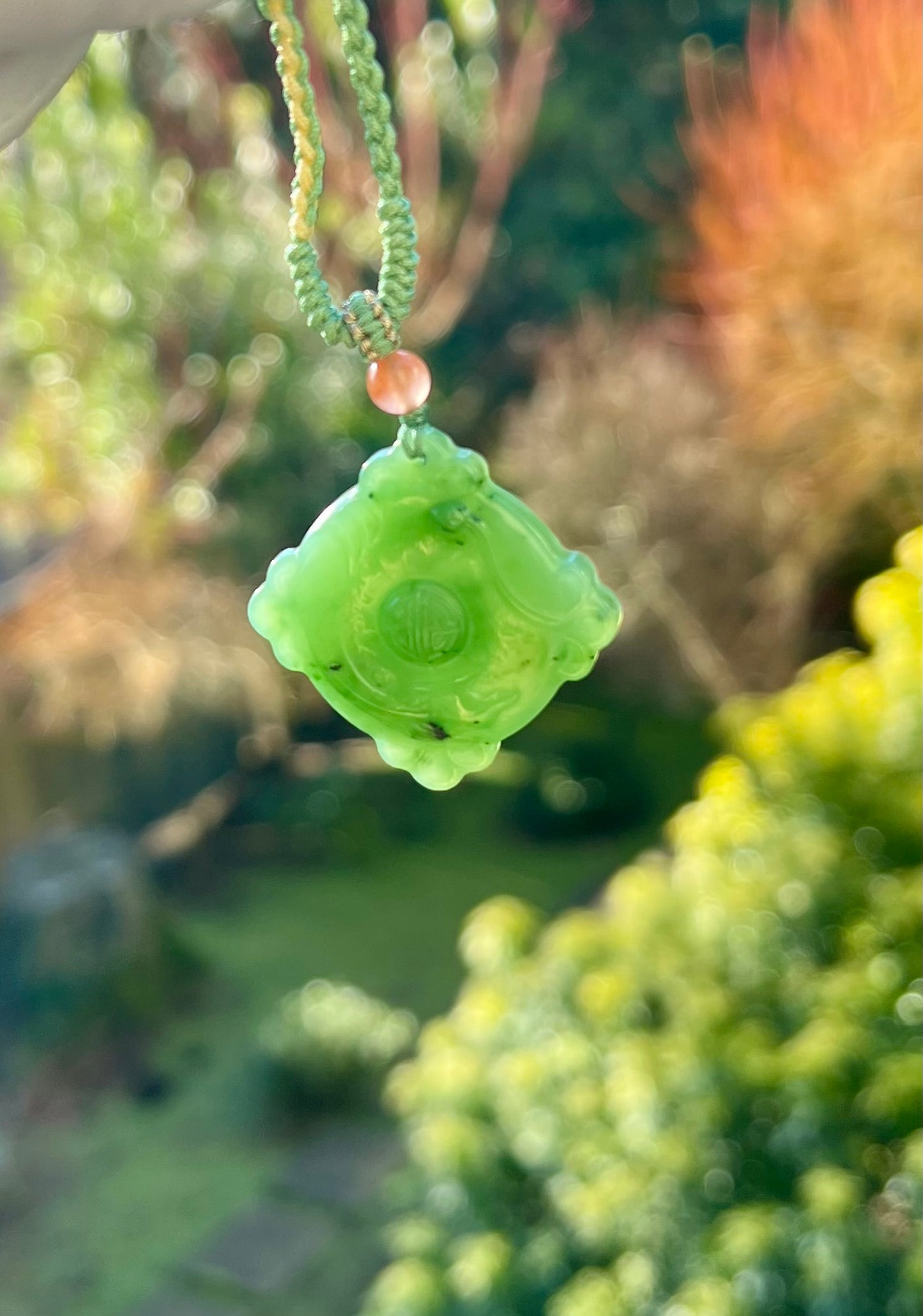 Certified natural nephrite green jade/apple  green nephrite square safety pendant necklace天然俄料碧玉 无事牌 吊坠 项链 果绿 油润  #0601 双面雕刻