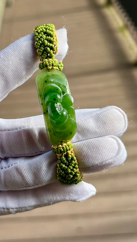 Certified Natural nephrite green jade/Siberian green nephrite carved lotus flower/hand braided Bracelet/天然俄料碧玉 手工雕花手牌 手工手绳#0072